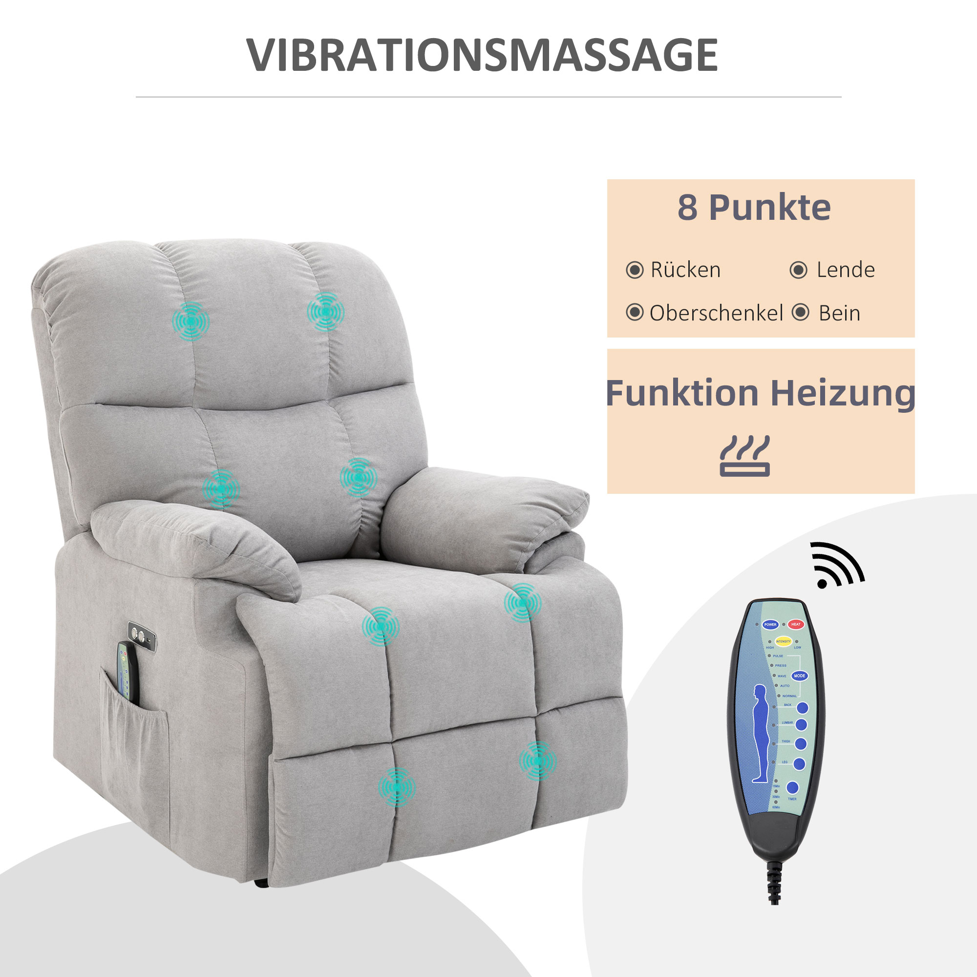 Sessel mit Aufstehhilfe, Massagesessel, Relaxsessel mit USB-Anschluss, Fernsehsessel mit Fernbedienung, Seitentasche, Neigebarer TV-Sessel mit Samtoptik, Grau