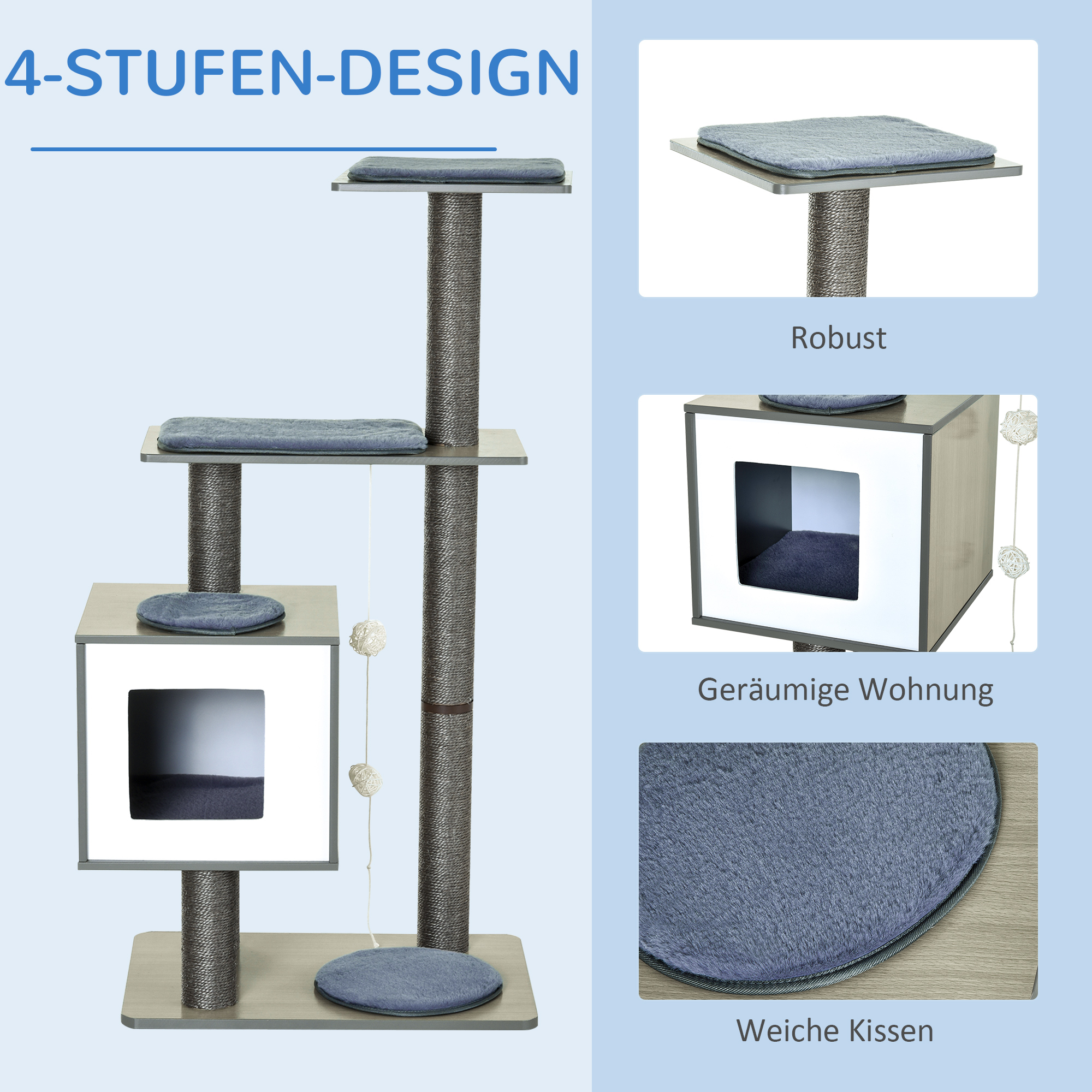 Katzenkratzbaum Katzenbaum Katzenspielzeug Kletterbaum Sisal Polster Liegefläche mit Ball Grau 71,5 x 49,5 x 120 cm