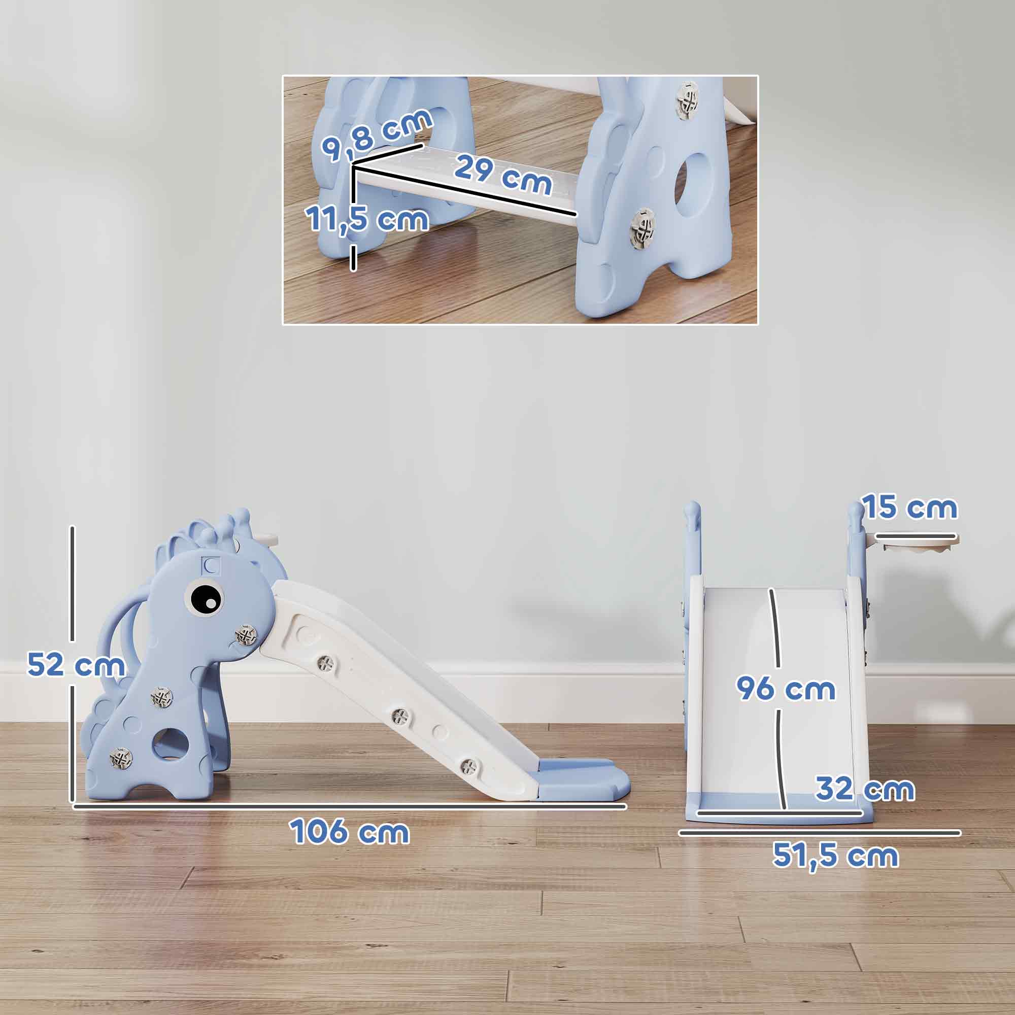 3-in-1 Rutsche für Kinder, Giraffenform, Basketballkorb, Ball, Blau