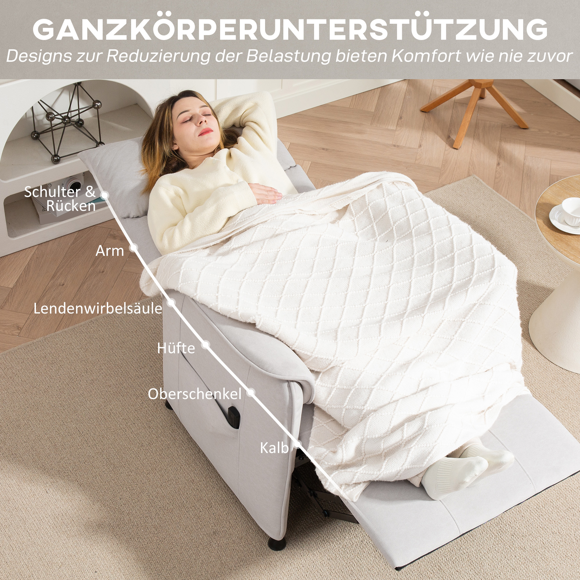 Relaxsessel mit leisem Motor, Polstersessel mit robusten Stoffbezug, Memory-Funktion, anpassbare Fußstütze, Cremeweiß