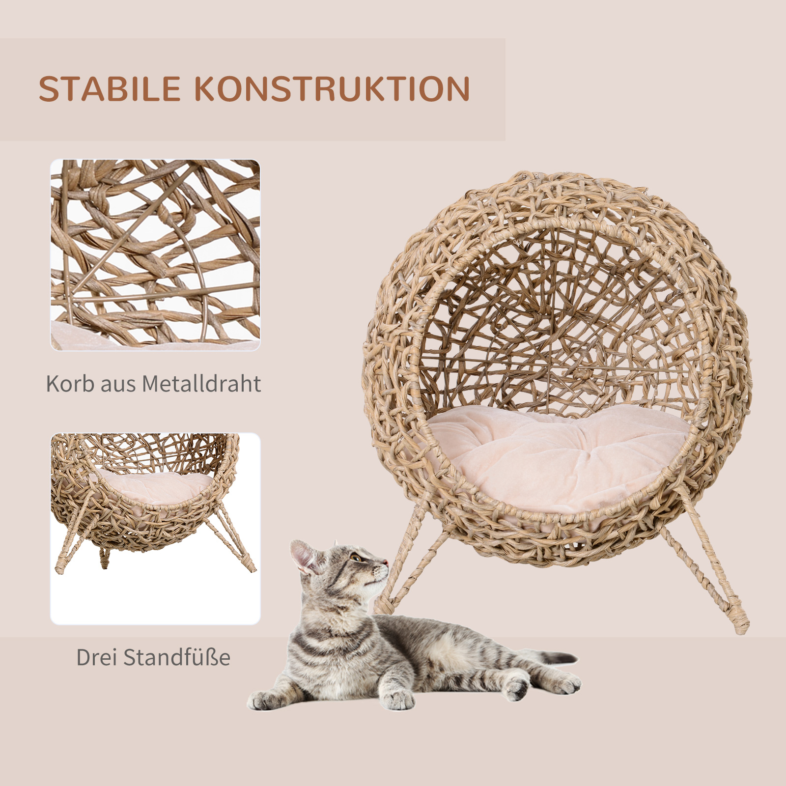 Katzenhaus aus Rattan mit Kissen Katzenschlafplatz Katzenhöhle mit erhöhten Füßen Natur Ø52 x 58 cm