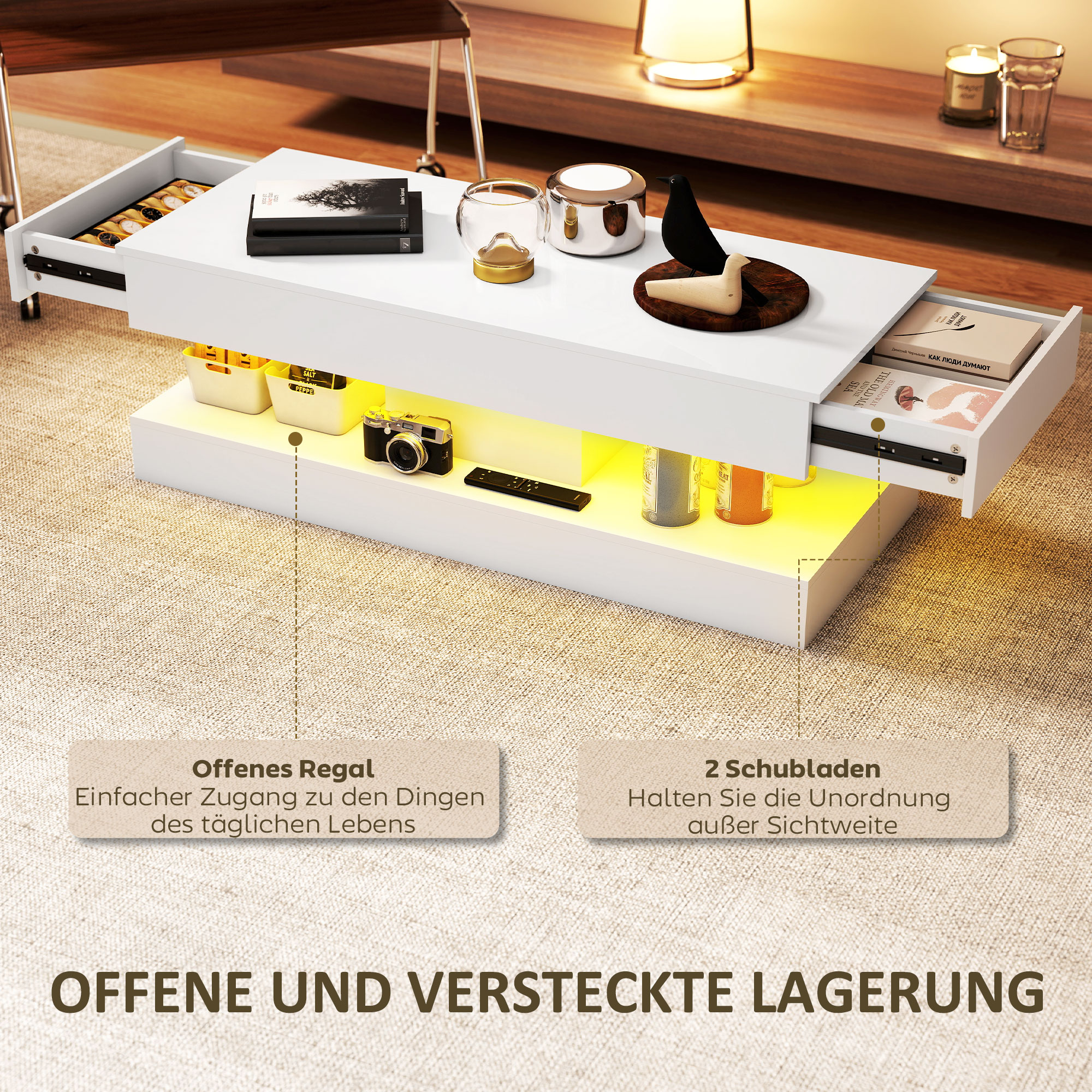 Wohnzimmertisch mit Schubladen und LED-Lichtern, moderner Sofatisch mit offener Ablage, Couchtisch, Spanplatte, Weiß