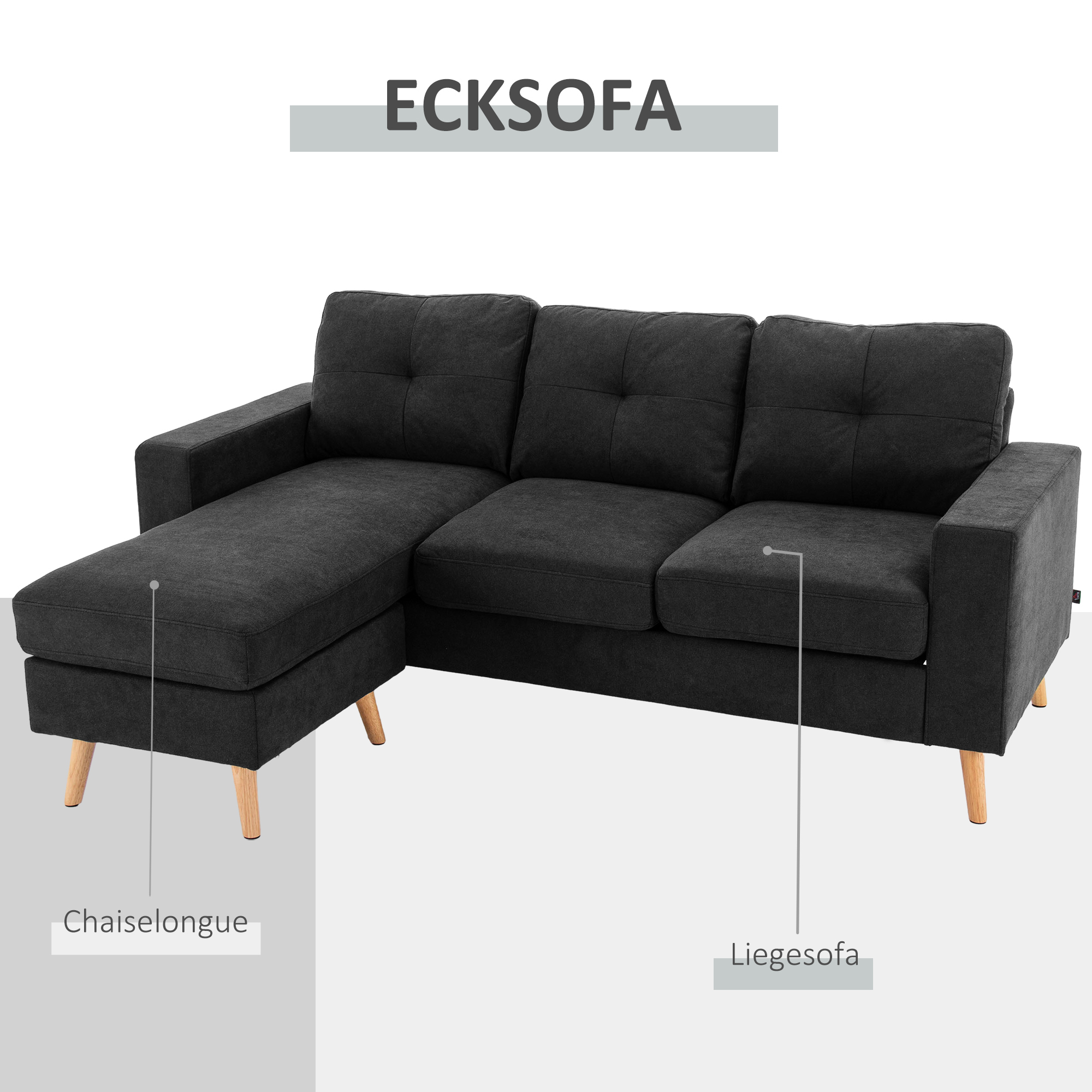3-Sitzer-Sofa Sofa Couch Ecksofa, mit Chaiselongue, Knopfheftung, 193 x136 x 85 cm, Schwarz