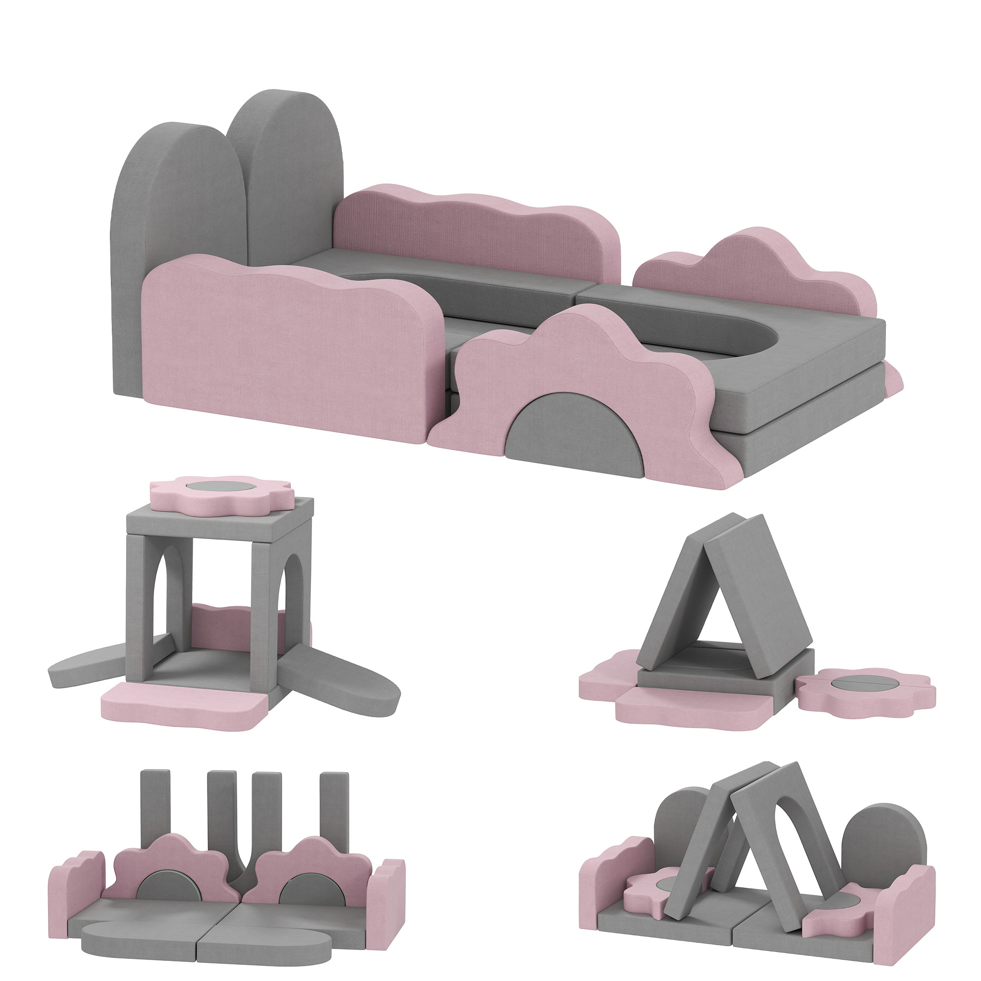 12-teiliges Set Schaumstoffblöcke zum Klettern, Bauen, Krabbeln, Indoor-Spielmatten mit Cordbezug, Grau+Rosa