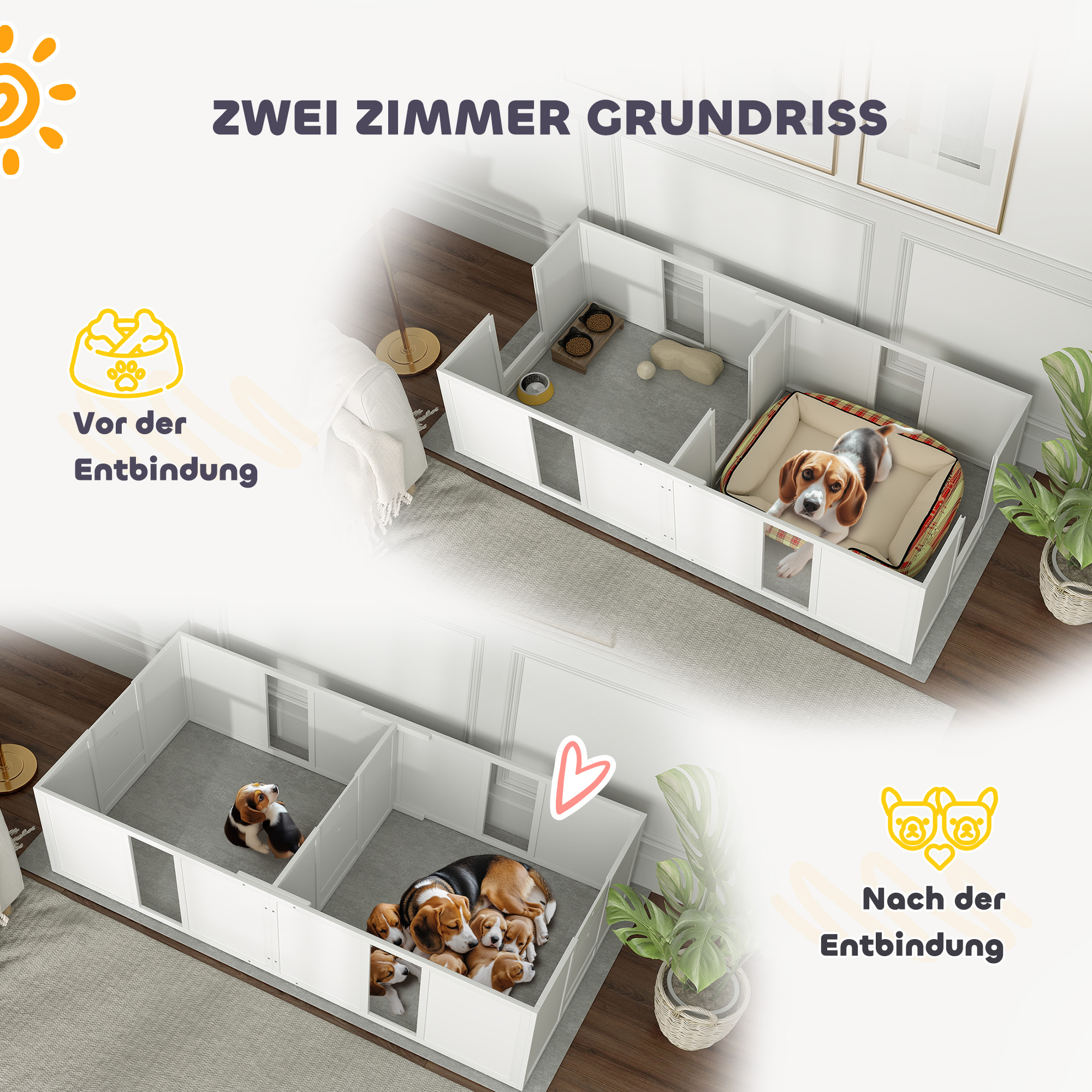 Wurfkiste für Welpen, teilbar in 2 Räume, Acrylfenster, 196 x 96 x 48 cm, Weiß