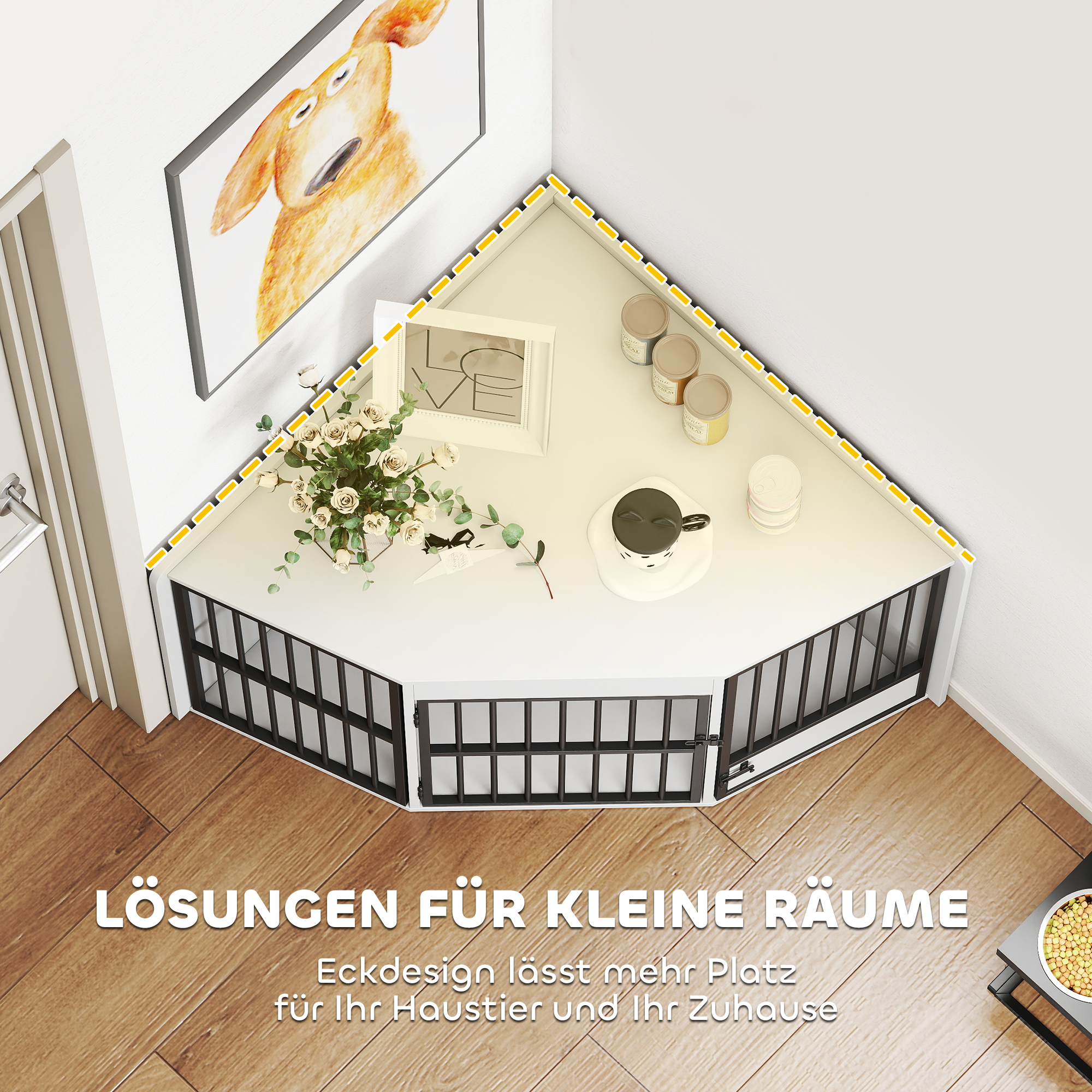 Hundebox, Aufenthaltsbox für kleine und mittelgroße Hunde, Haustierbox, Fütterungstür, MDF, Metall, Weiß