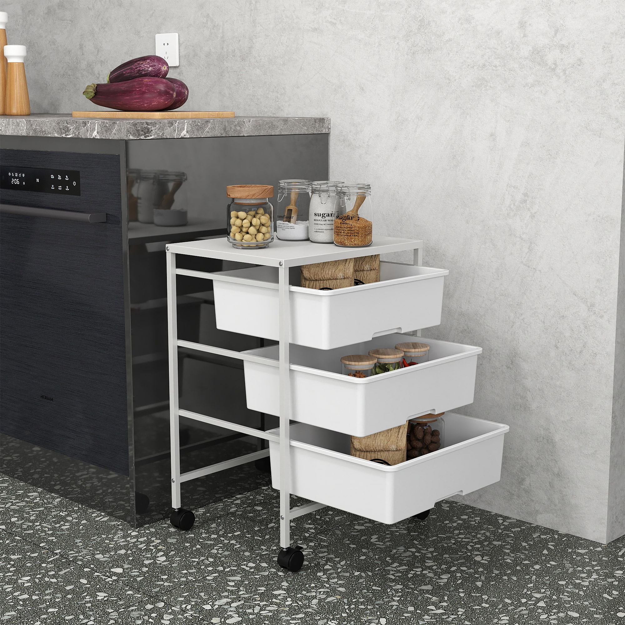 Beistellwagen mit Rädern, 3 Körbe für Transport und Aufbewahrung, Küchenwagen, 40,8L x 33,5B x 60,5H cm, Weiß