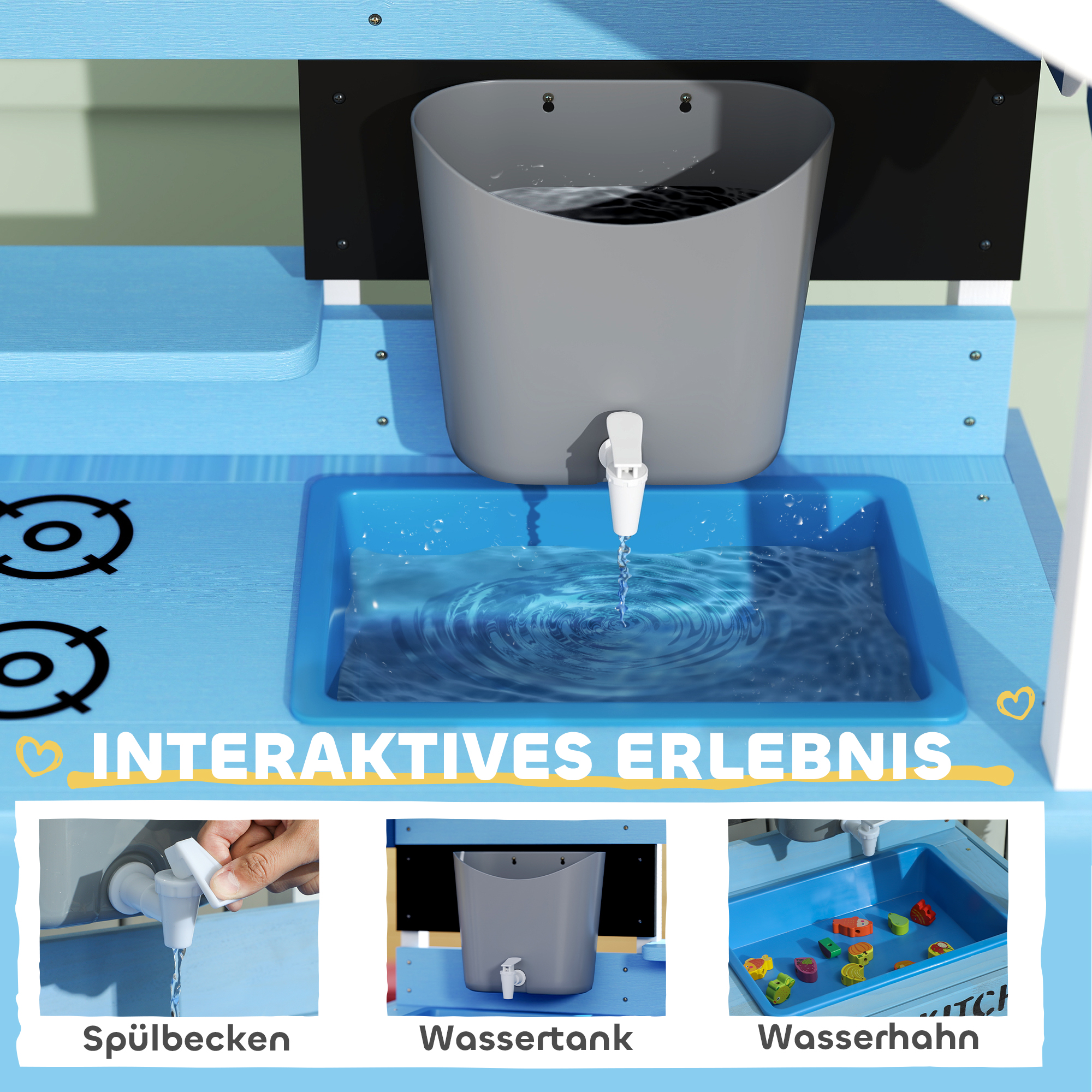 Outdoor-Spielküche für Kinder mit Sonnendach, Kochgeschirr-Set, Massivholz, Blau