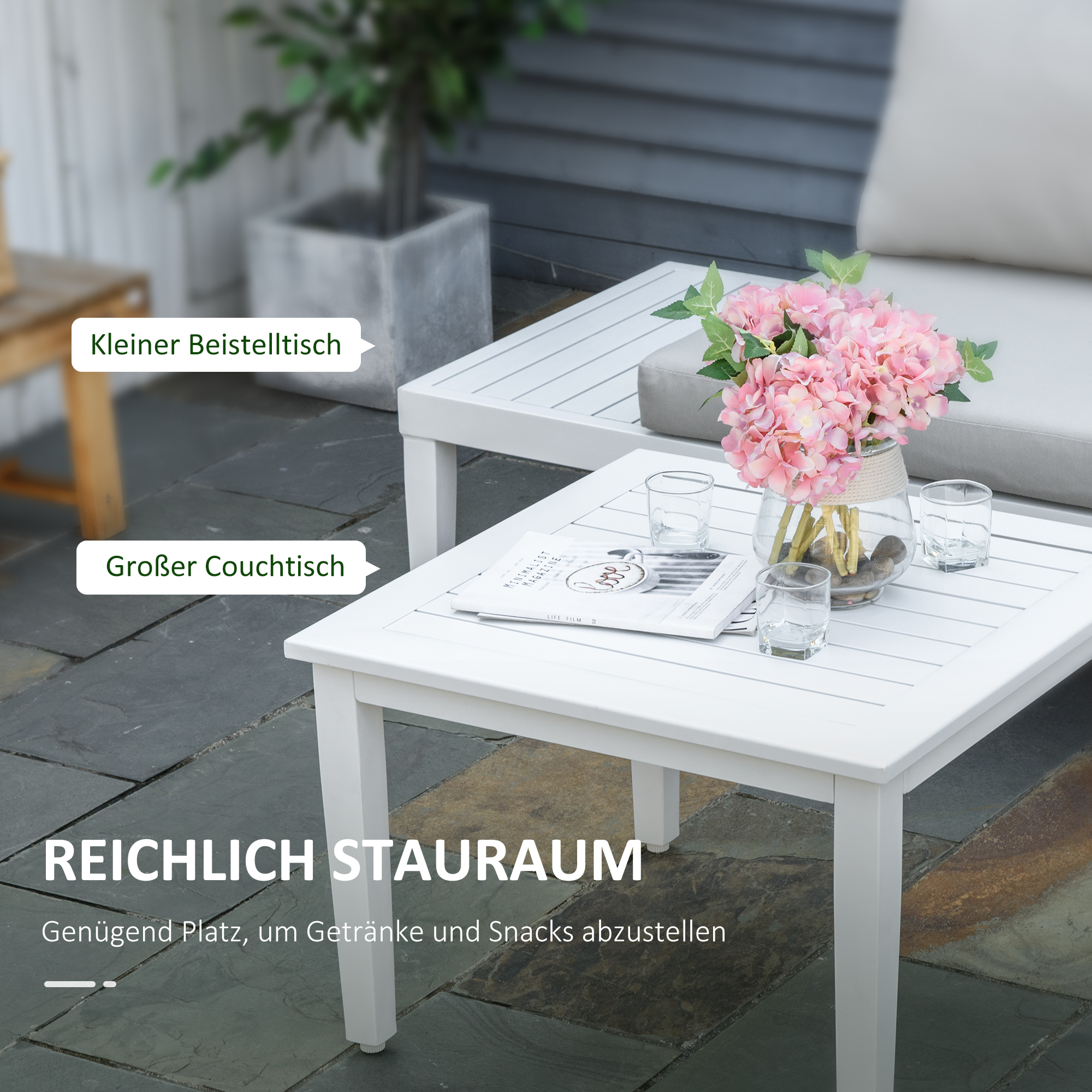 Gartenmöbel-Set für 3 Personen mit Beistelltisch Sofa mit Kissen L-Form Outdoor Aluminium Cremeweiß