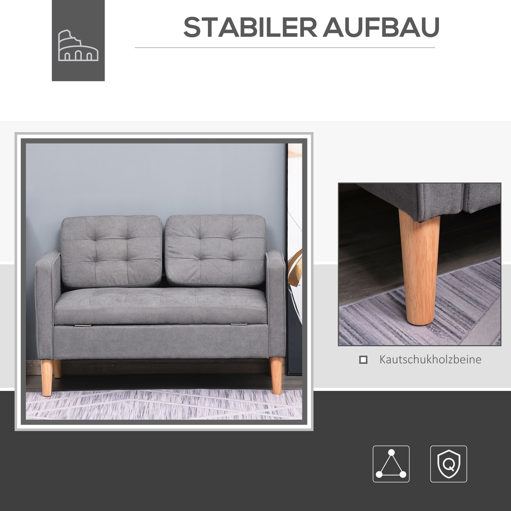 2 Sitzer Sofa, Couch mit Stauraum, Holzbeine, Gepolsterter Polstersofa mit Samtoptik für Wohnzimmer, Schlafzimmer, 117x 62 x 78 cm, Grau