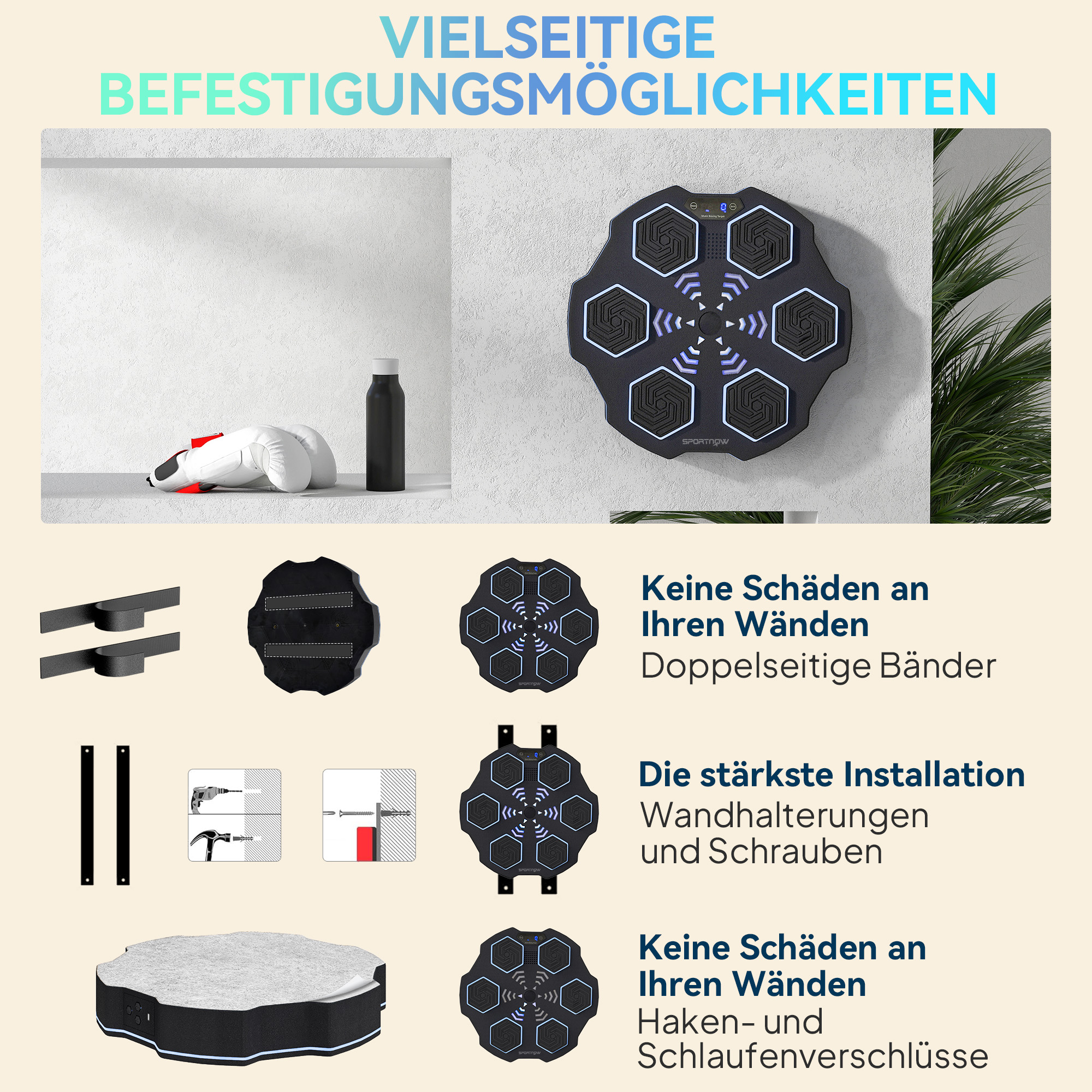 Musikboxmaschine, Bluetooth-Boxgerät, Wandmontage, 9 Geschwindigkeiten und Modi, LED-Lichter, Schwarz