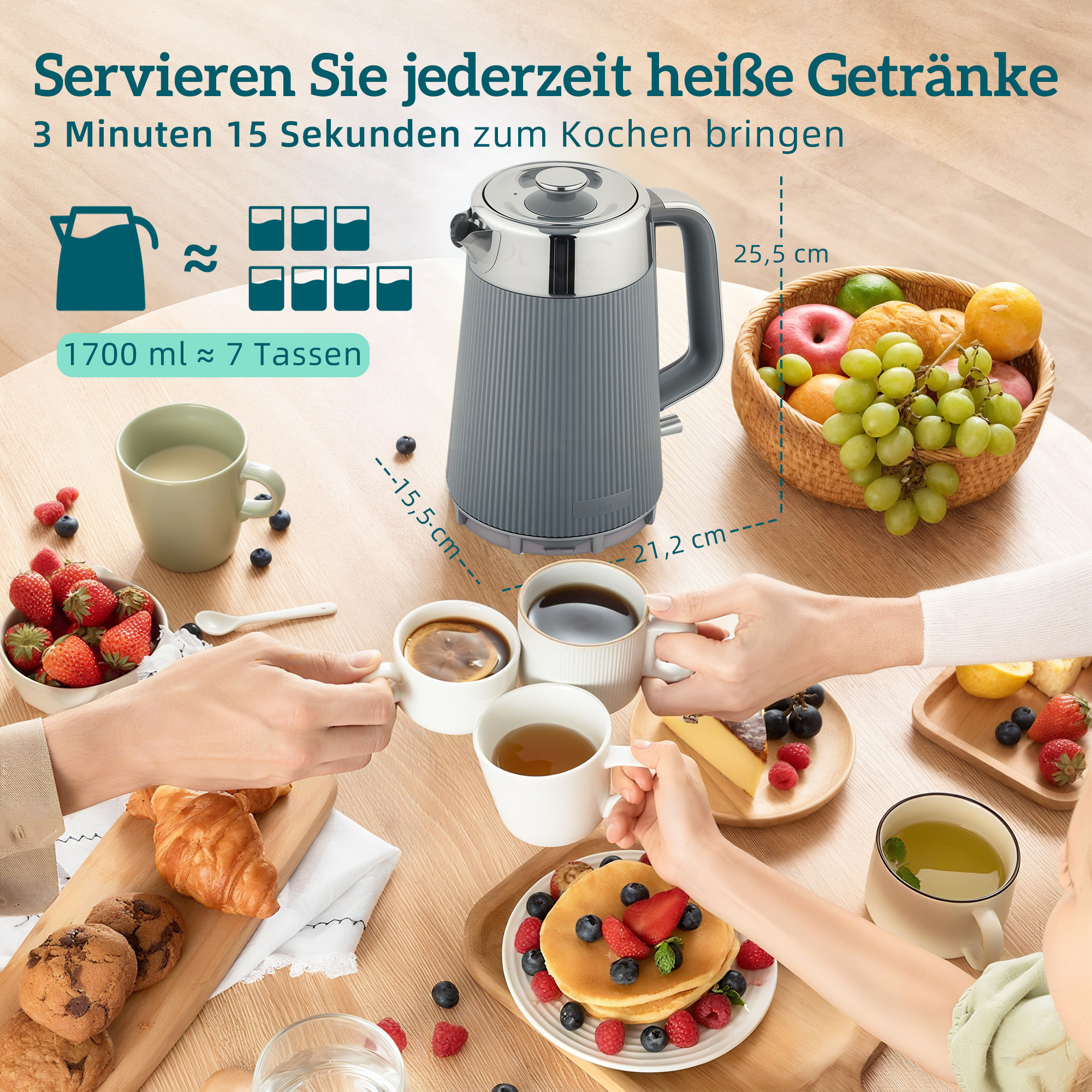 2200W, 1,7L Wasserkocher mit Schnellkochfunktion, Kalkfilter und 4-Scheiben-Toaster mit 7 Bräunungsstufen, Grau