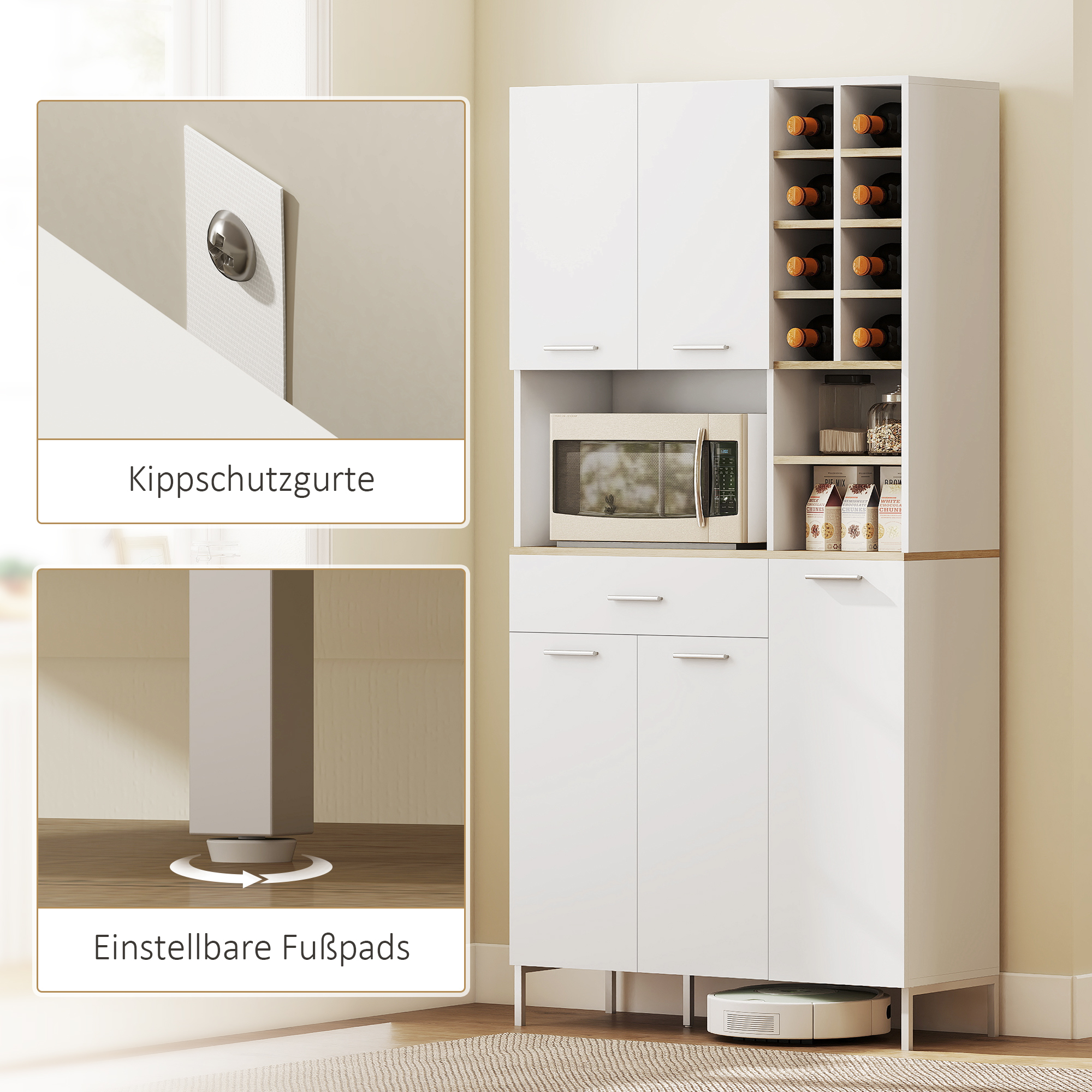 Küchenschrank mit offenen Regalen, Fächern, Weinregal, Vorratsschrank mit 5 Schranktüren, MDF, Weiß