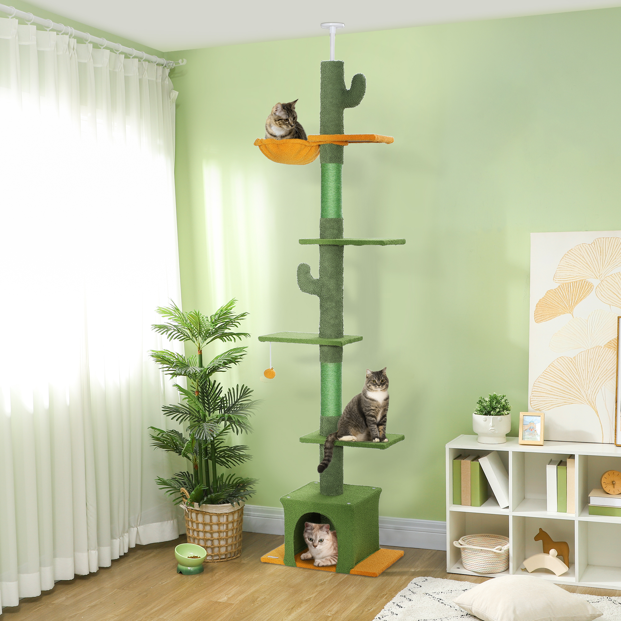 höhenverstellbarer Kratzbaum 230-275 cm, platzsparend, Spielzentrum mit Hängematte, Grün