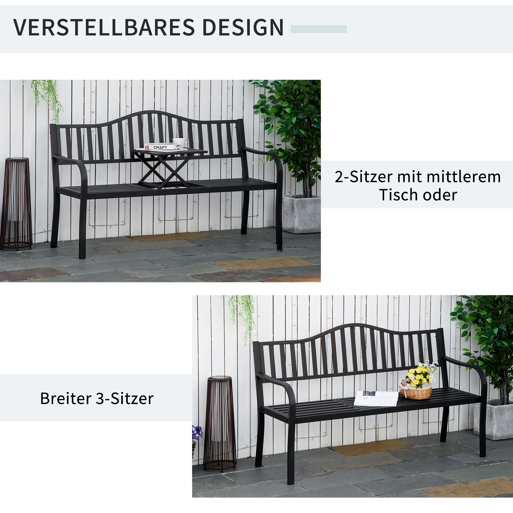 2-Sitzer Gartenbank robust Parkbank mit ausziehbarem Tisch Sitzbank Bank 240kg belastbar Terrassenbank mit Rücken- & Armlehnen Gartenmöbel für Terrasse, Garten 150 x 58,5 x 90 cm Schwarz