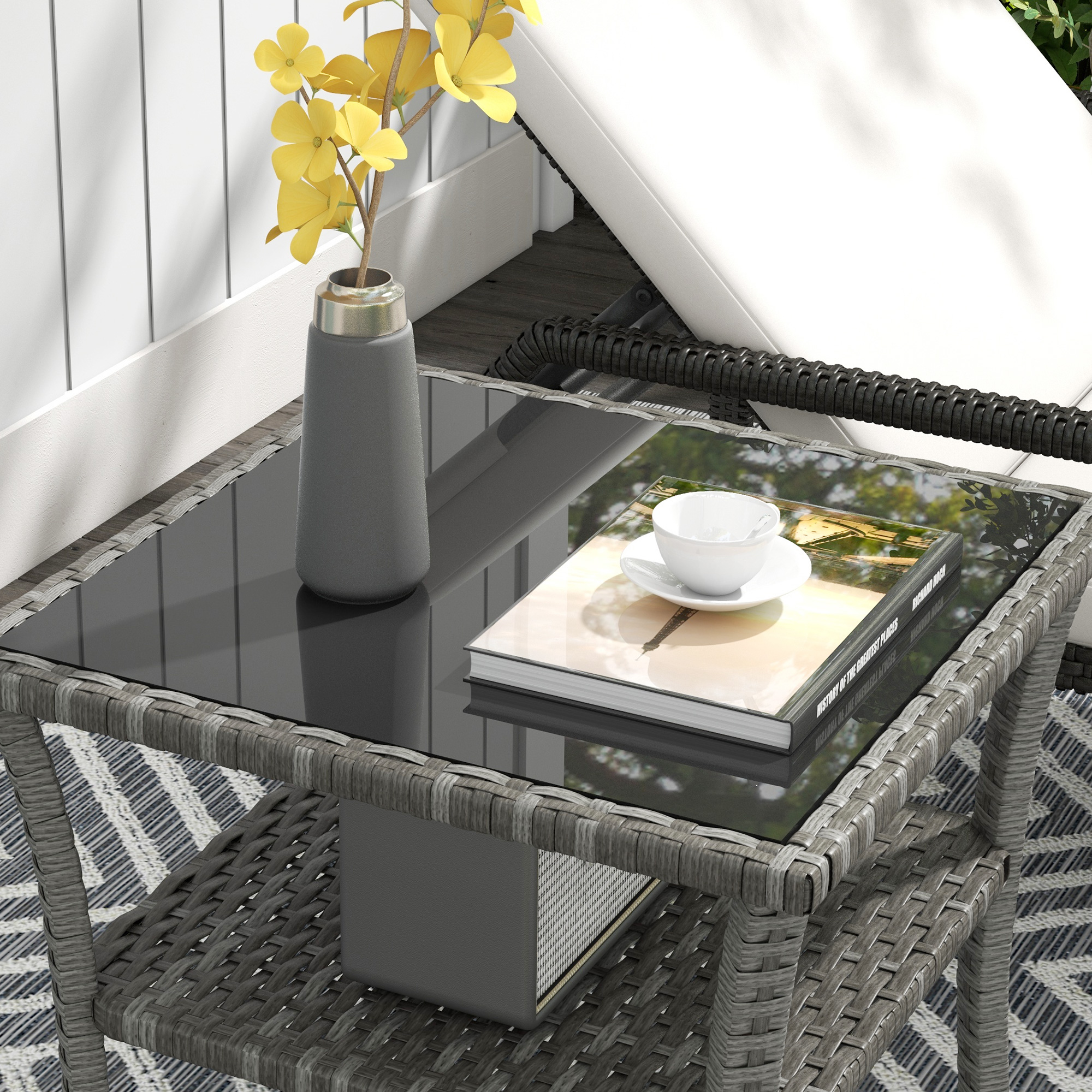 Polyrattan Gartentisch, 50 x 50 x 45cm, wetterfest Beistelltisch für 4 Personen, Quadratisch mit Ablage Glasplatte