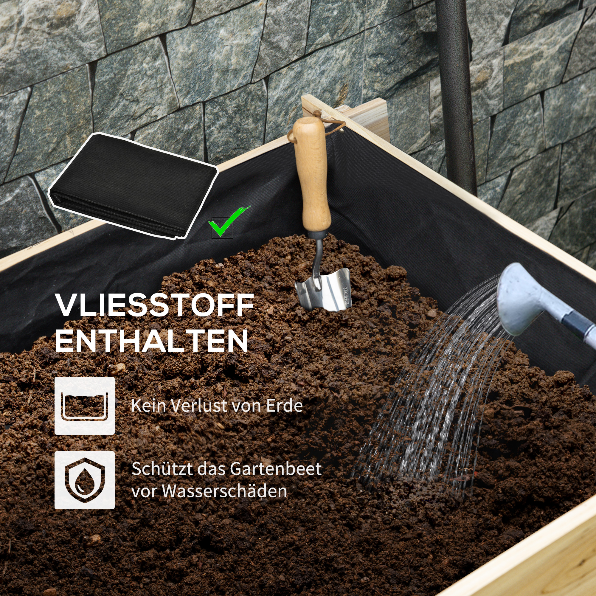 Hochbeet, Blumenkasten, 3-stufig, Drainageöffnung, Stoffauskleidung, Naturholz, 93 x 93 x 35 cm