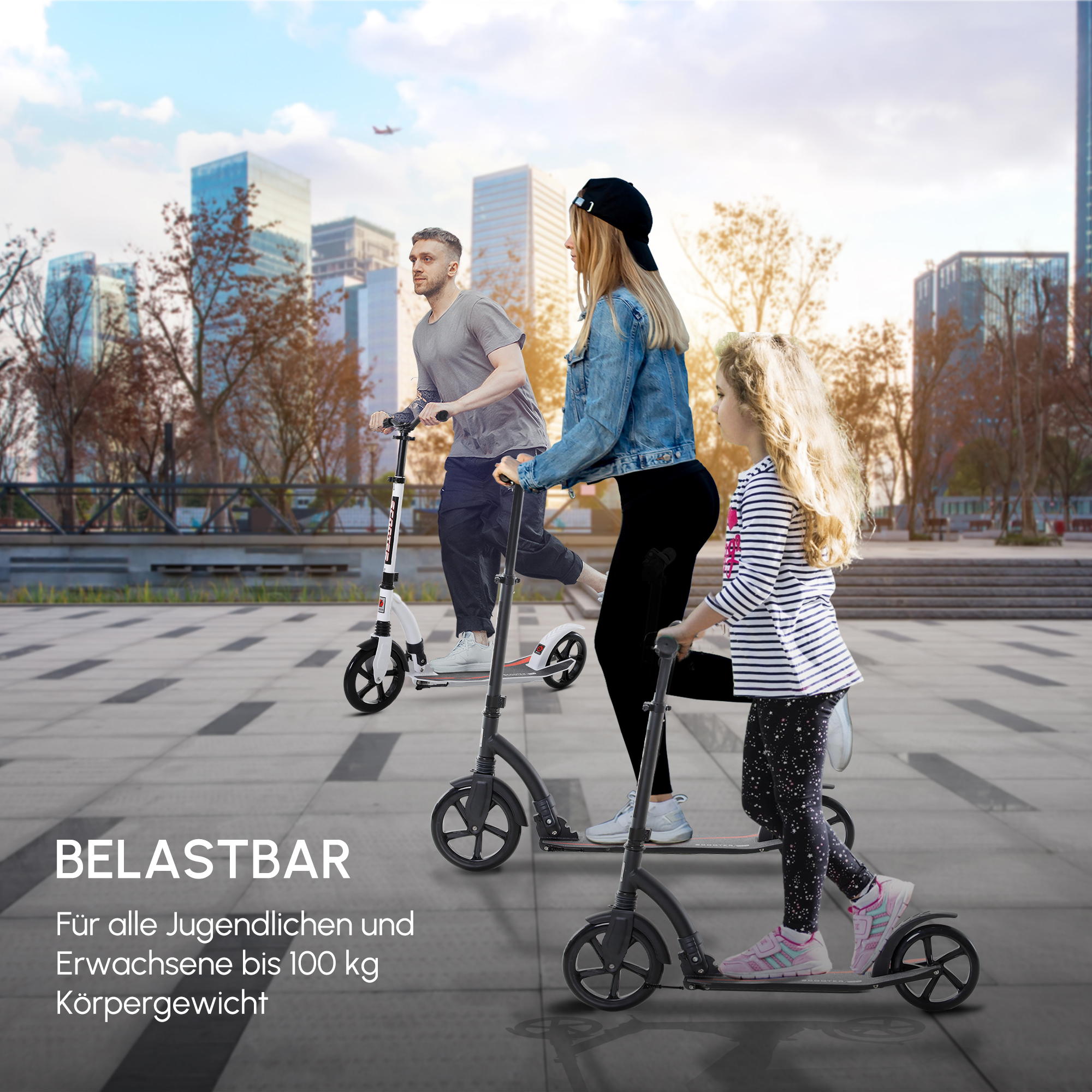 Roller Tretroller Kickscooter Klapproller, klappbar, Stoßdämpfer, ab 14 Jahren, Schwarz