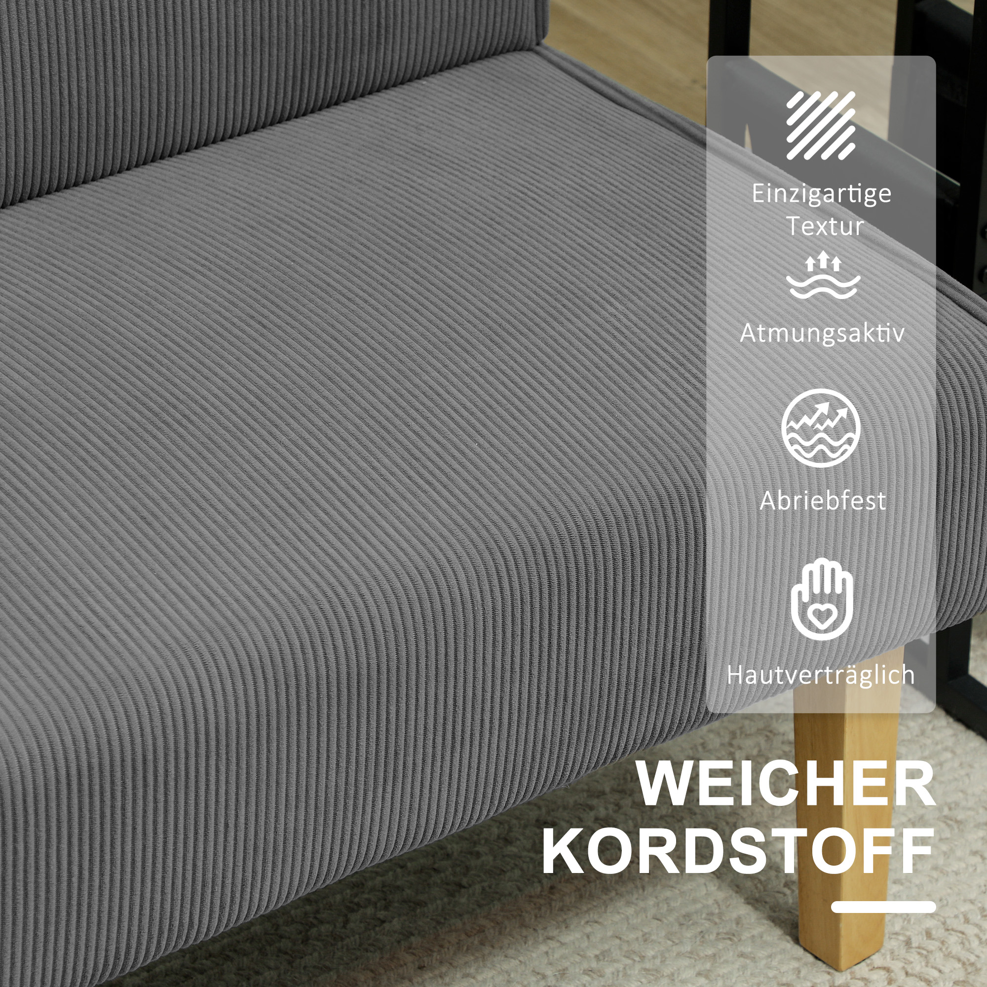 Zweisitzer-Sofa mit Cord-Bezug, dicker Polsterung und soliden Holzbeinen für Wohnzimmer, Schlafzimmer, Büro, Grau