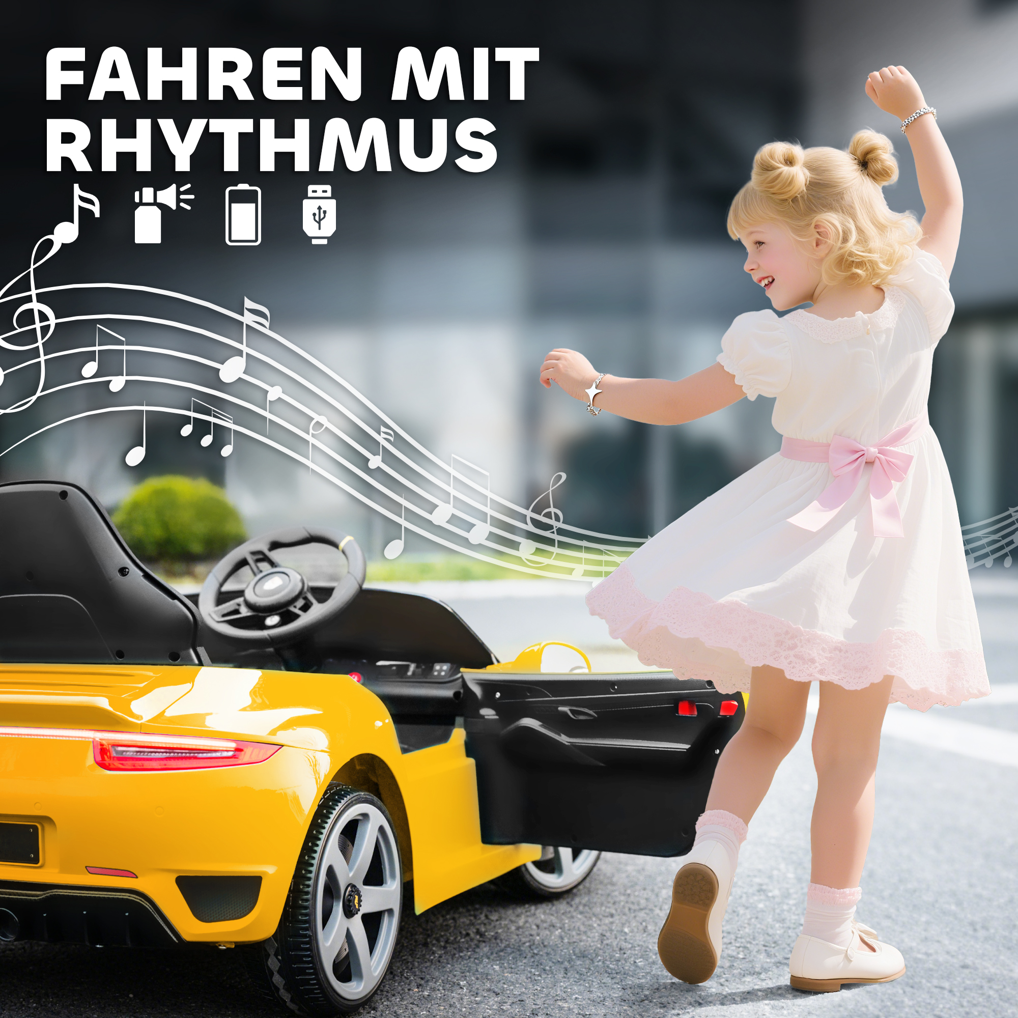 Elektrisches Aufsitzauto für Kinder, fernsteuerbar, Musik, Hupe, USB, Sicherheitsgurt, für 3-5 Jahre, Gelb
