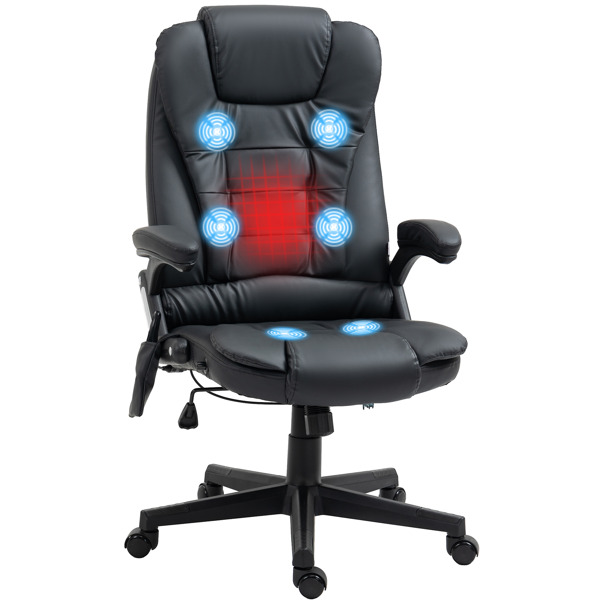 Massagesessel Bürostuhl, Chefsessel mit 6-Punkt-Vibrationsmassage und Wärmefunktion, drehbar Gaming-Stuhl, Kunstleder, 70 x 70 x 111-121 cm, Schwarz