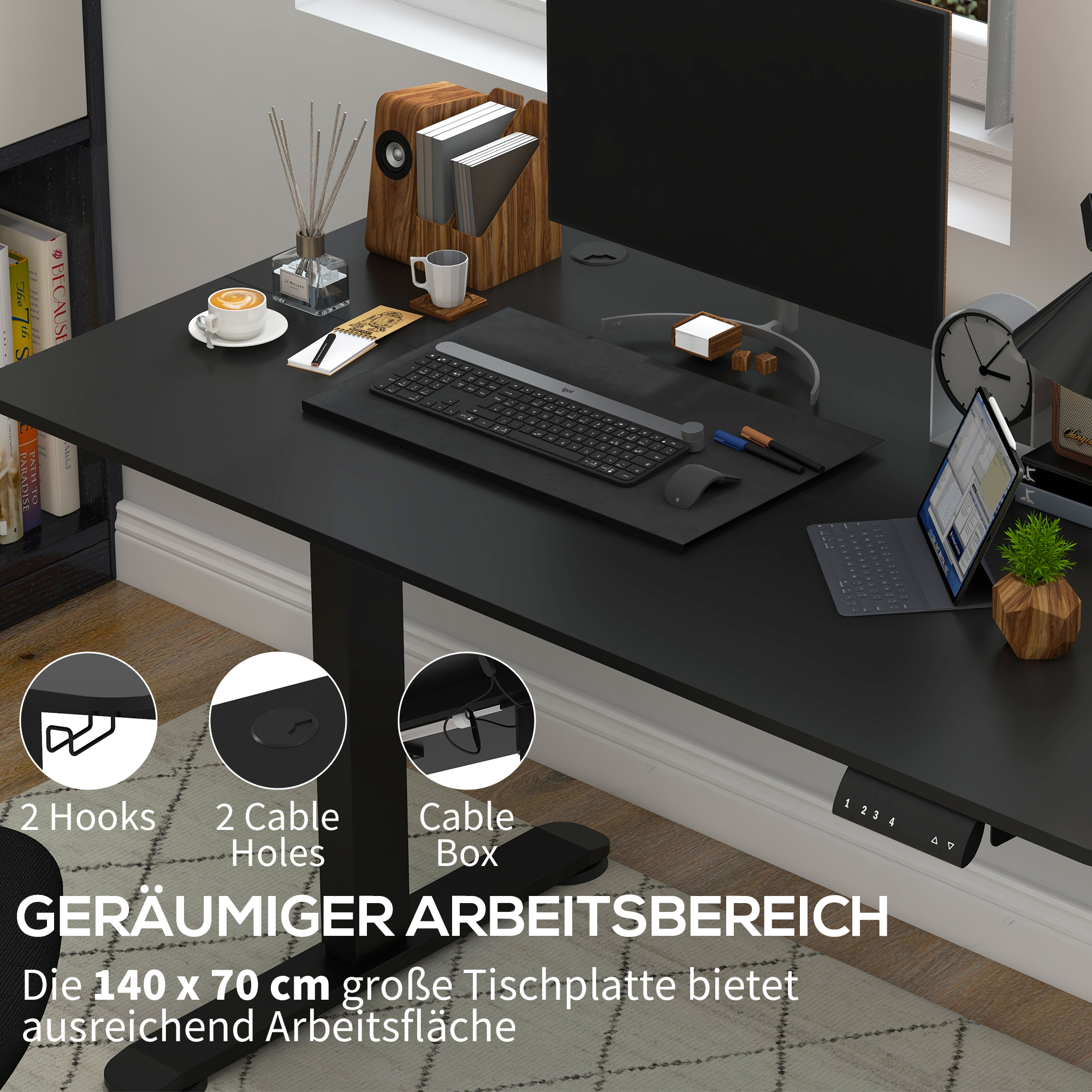 Stehpult höhenverstellbarer Computertisch Schreibtisch, 140 cm x 70 cm x 116 cm, Schwarz