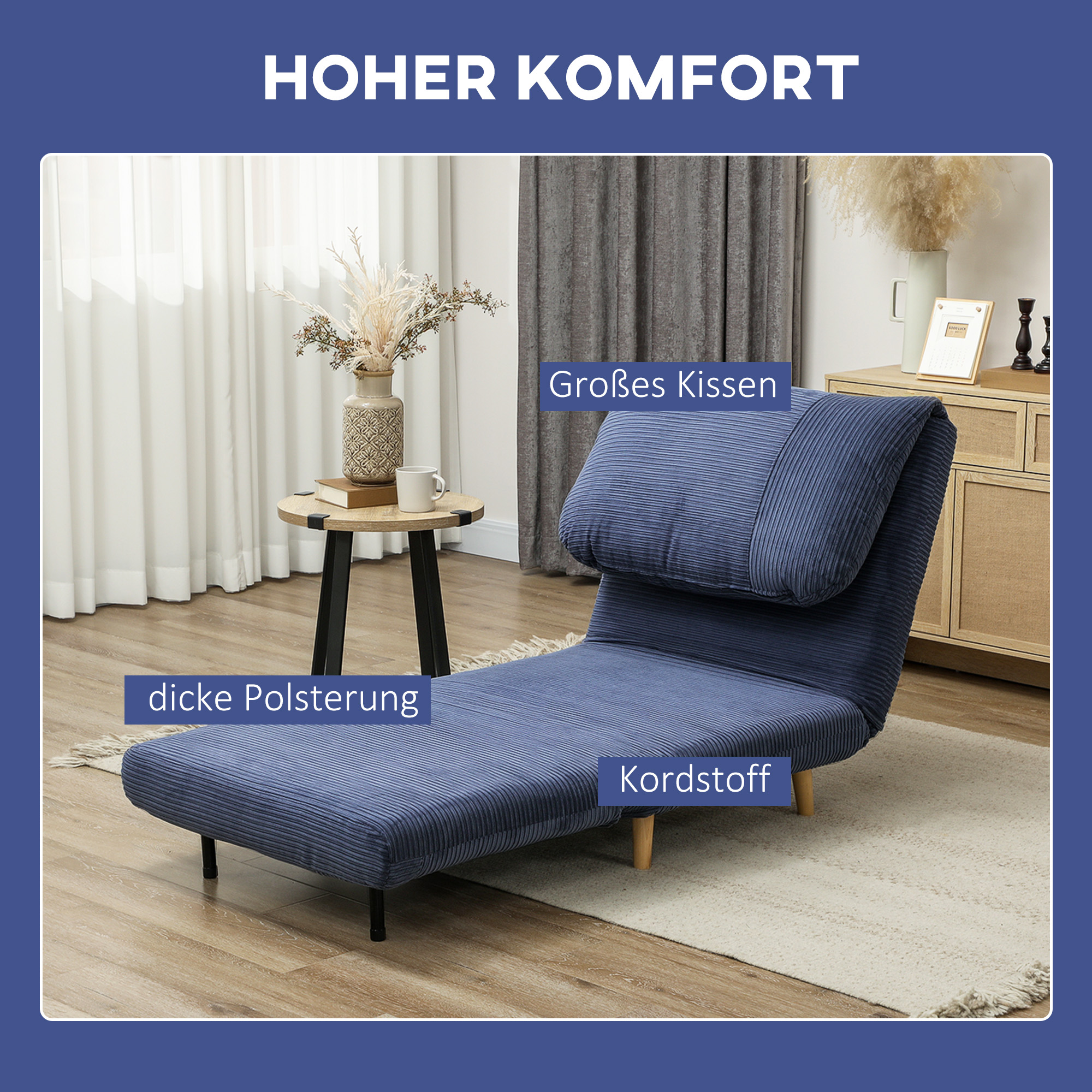 2-in-1 Schlafsessel Gästebett, verstellbare  Kopfstütze Cord-Optik 82 cm x 8 cm x 83 cm Blau