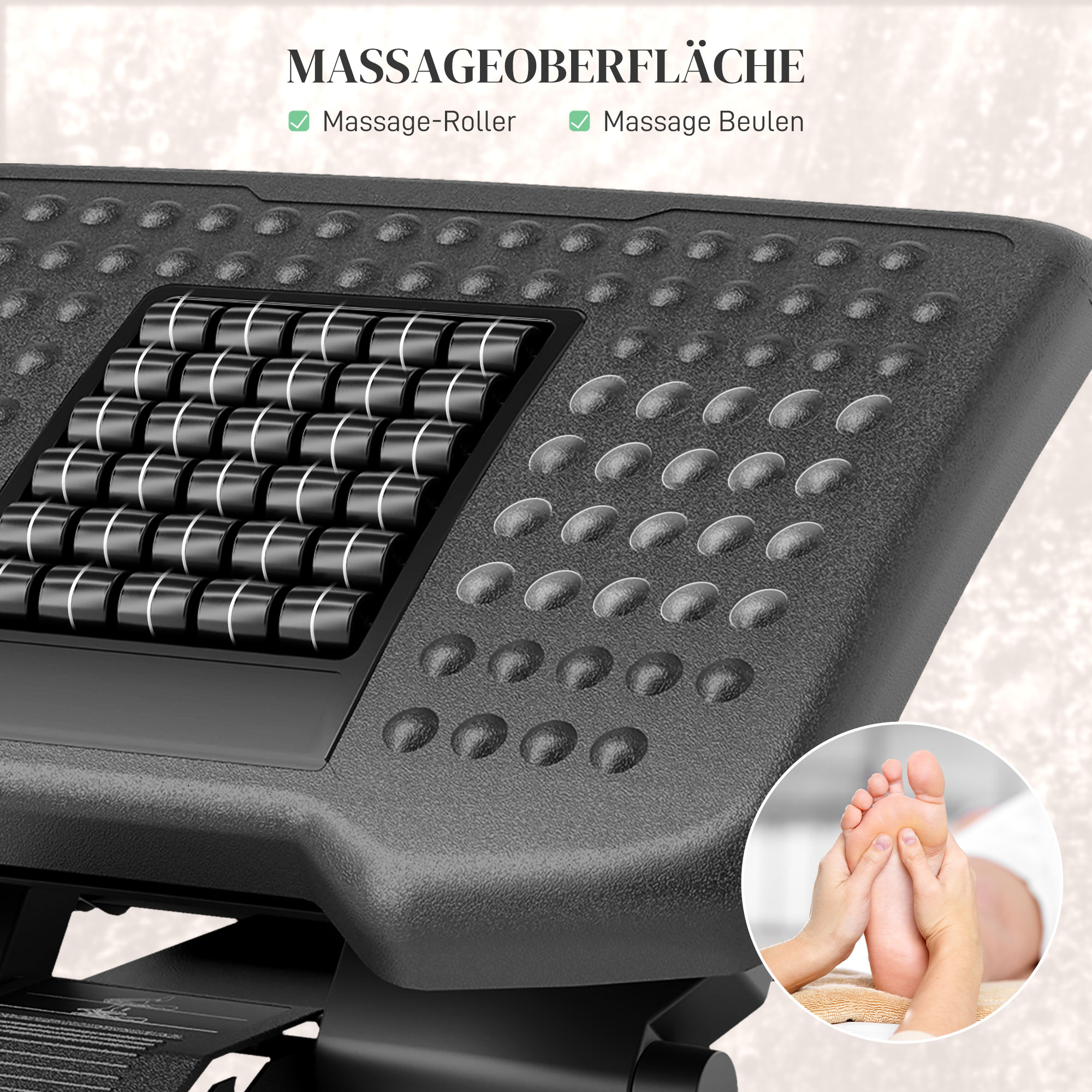 Ergonomische Fußstütze, höhenverstellbar, Massagefläche mit Rollen, Schwarz, 46 x 35 cm