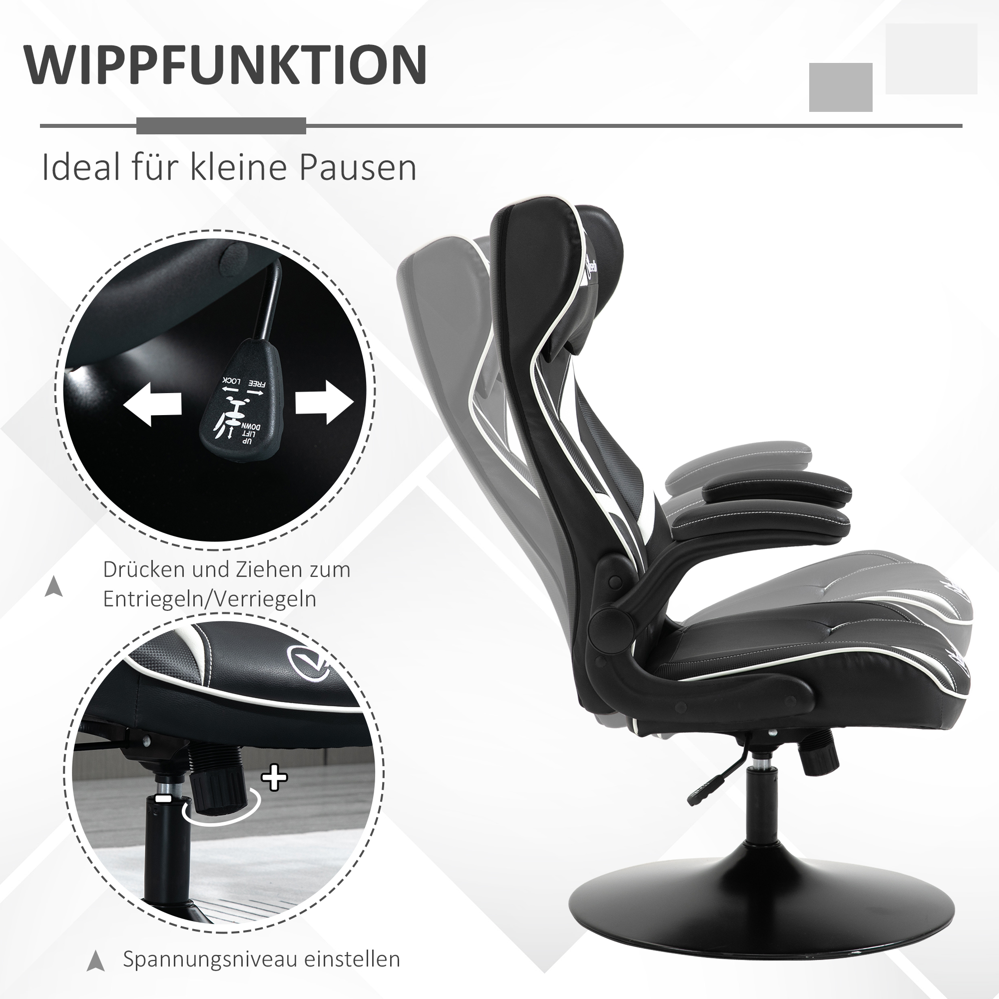 Gaming Stuhl ergonomischer Computerstuhl mit Wippfunktion Drehstuhl höhenverstellbar Stahl Schwarz+Weiß 67 x 70 x 106-112 cm