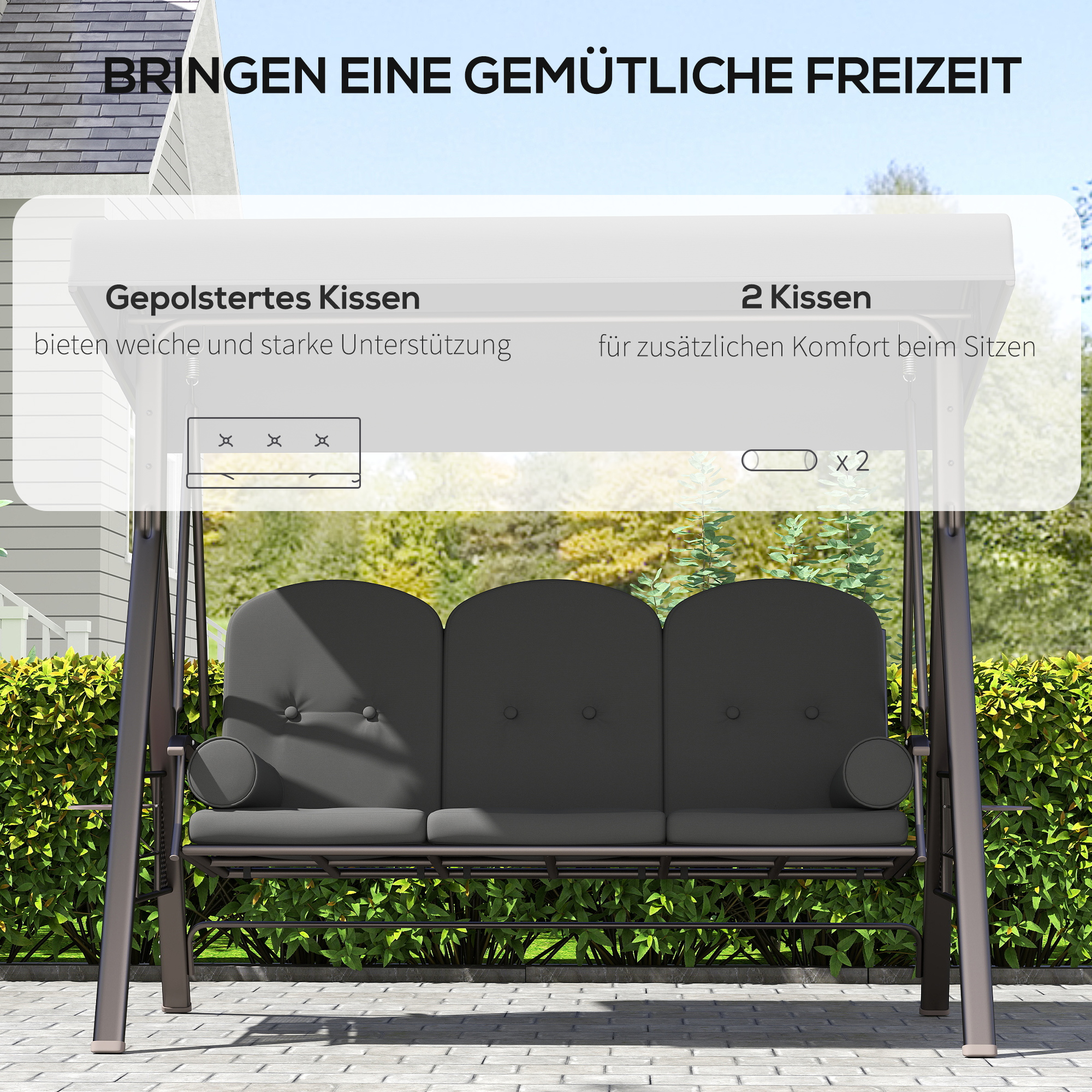 Hollywoodschaukel 3-Sitzer Gartenschaukel mit Sonnendach Tablett Sitzauflage  bis 360kg Dunkelgrau