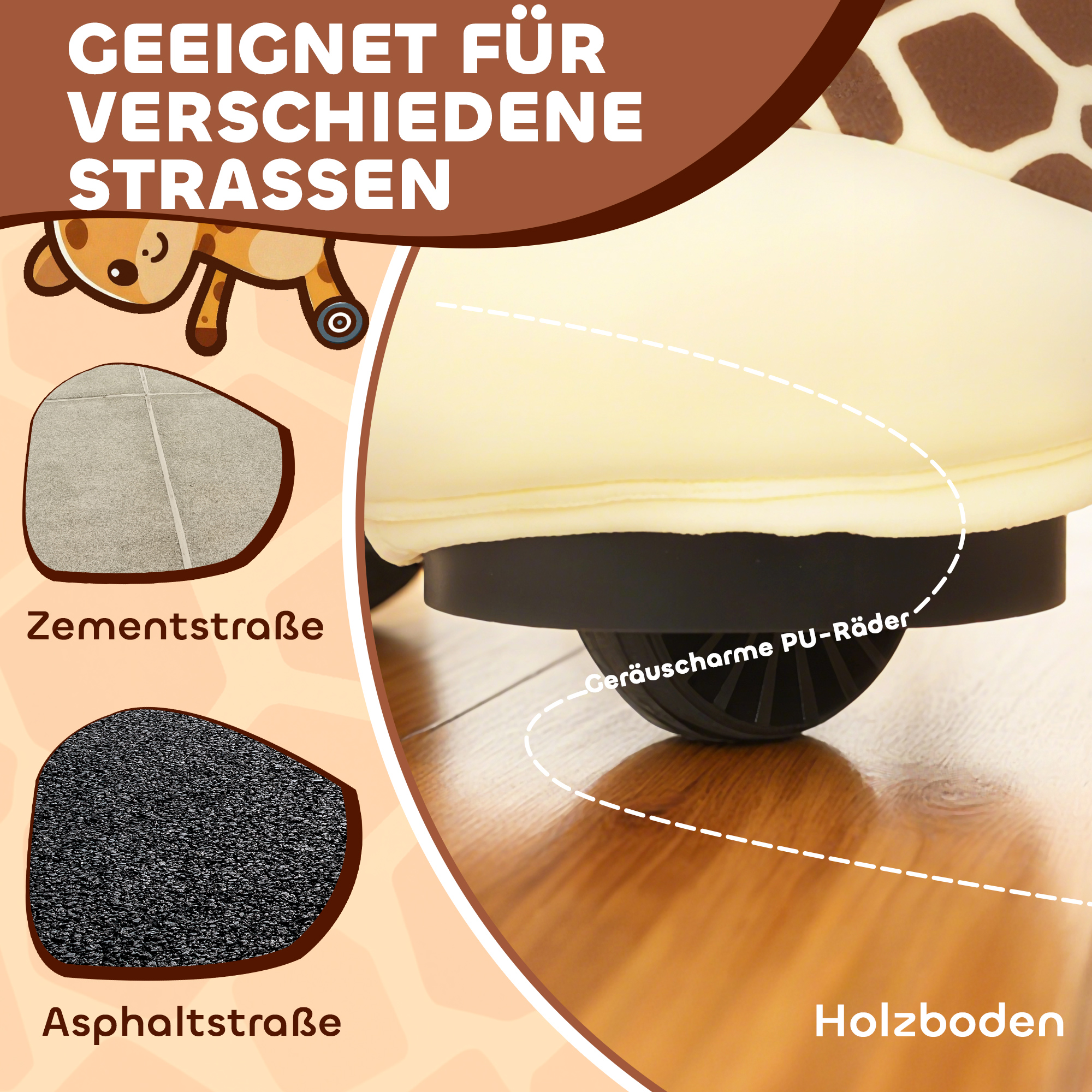 fahrendes Reitpferd in Giraffenform, Batteriebetrieb, waschbarer Bezug, Pedale, leise Räder, Musik, 1,5-5 Jahre, Braun