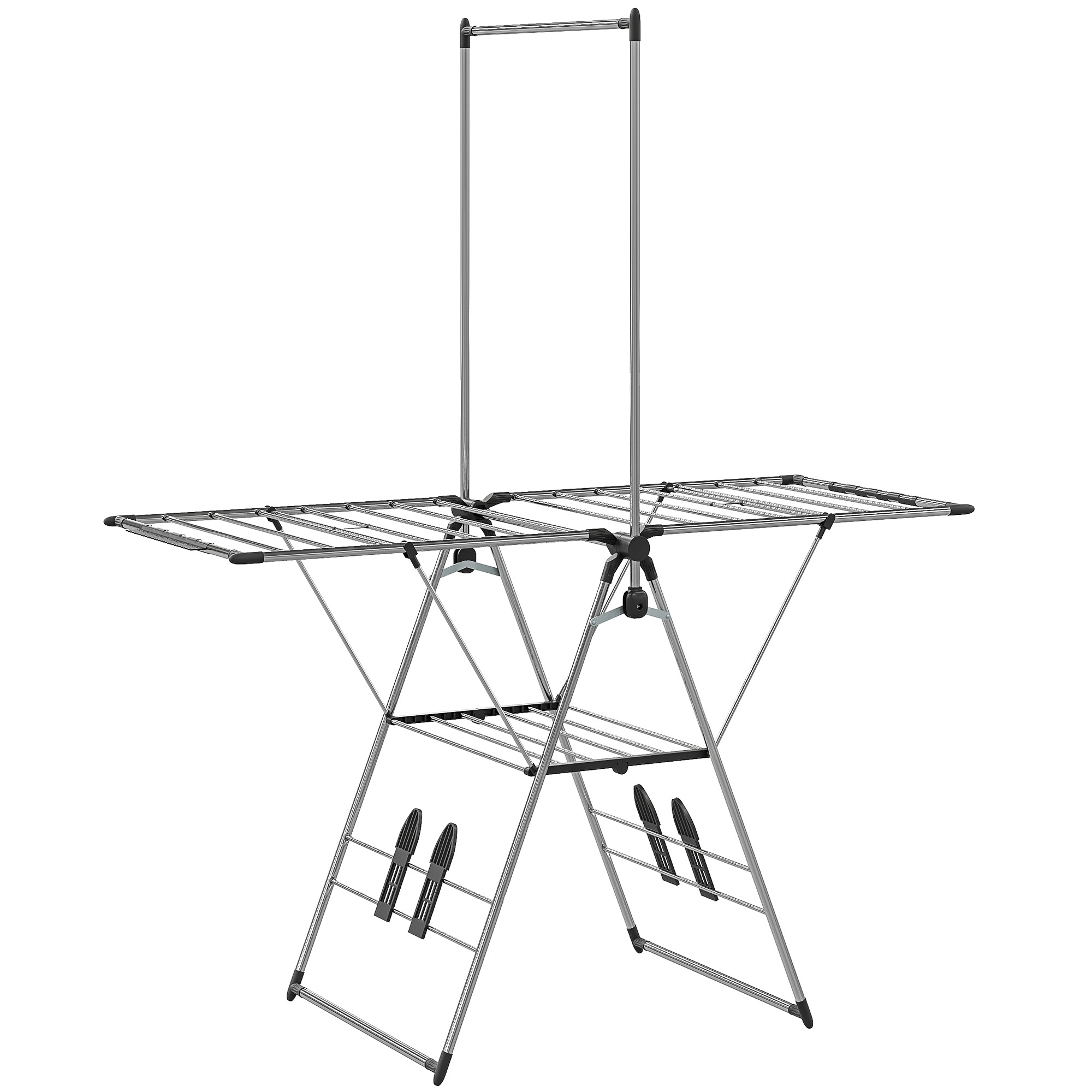 Wäscheständer faltbar Standtrockner mit verstellbare Flügel, Schuhhaltern, Edelstahl, 156,5 x 68 x 192 cm, Silber