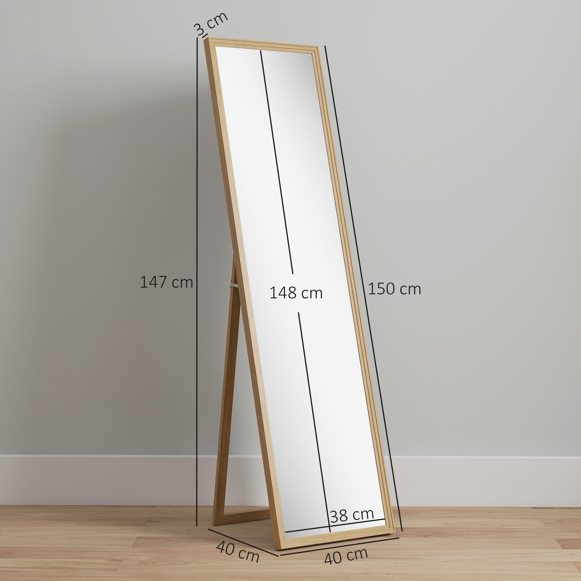 Ganzkörperspiegel mit Ständer, freistehend, 40 cm x 150 cm, Natur