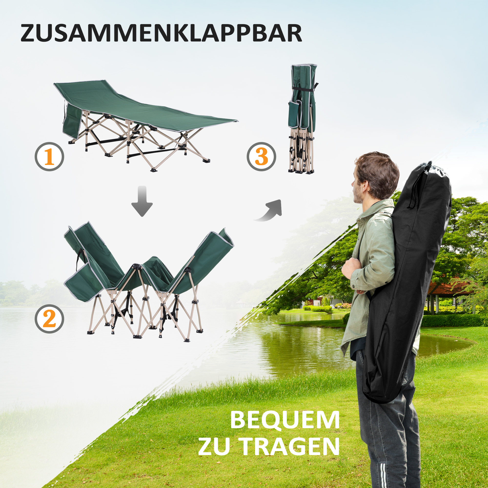 Feldbett, Camping-Bett, klappbar, wetterbeständig, ink, Tragetasche, 190 cm x 68 cm x 52 cm, Grün + Beige