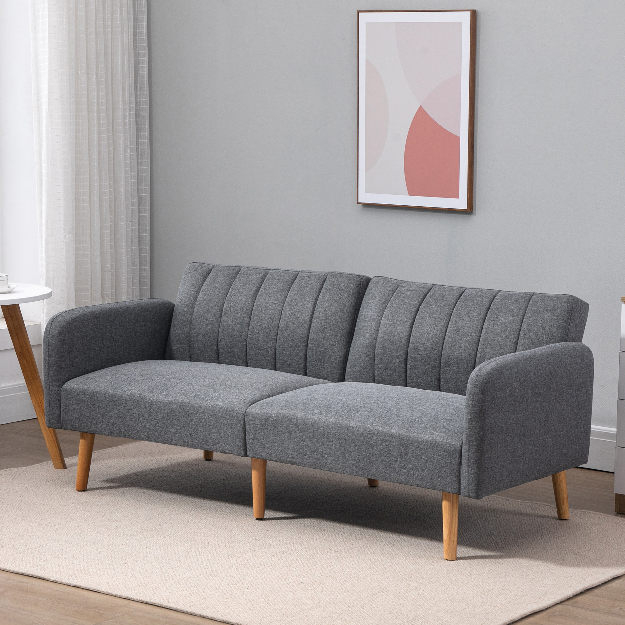 Schlafsofa, 2-Sitzer Stoffsofa, Sofa mit Schlaffunktion, leinenartiges Polyester, Kautschukholz, 173 x 75 x 73 cm, Grau