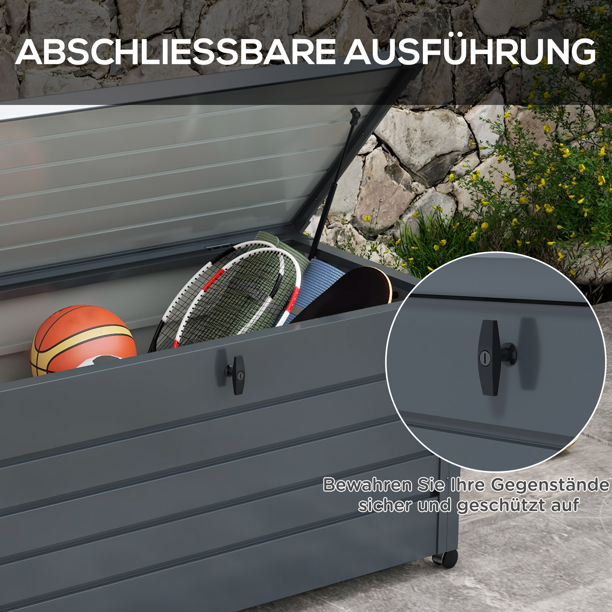 Outdoor Aufbewahrungsbox, Gartenbox, Kissenbox, wetterbeständig, 4 Rollen, 100 x 62 x 65 cm, Dunkelgrau