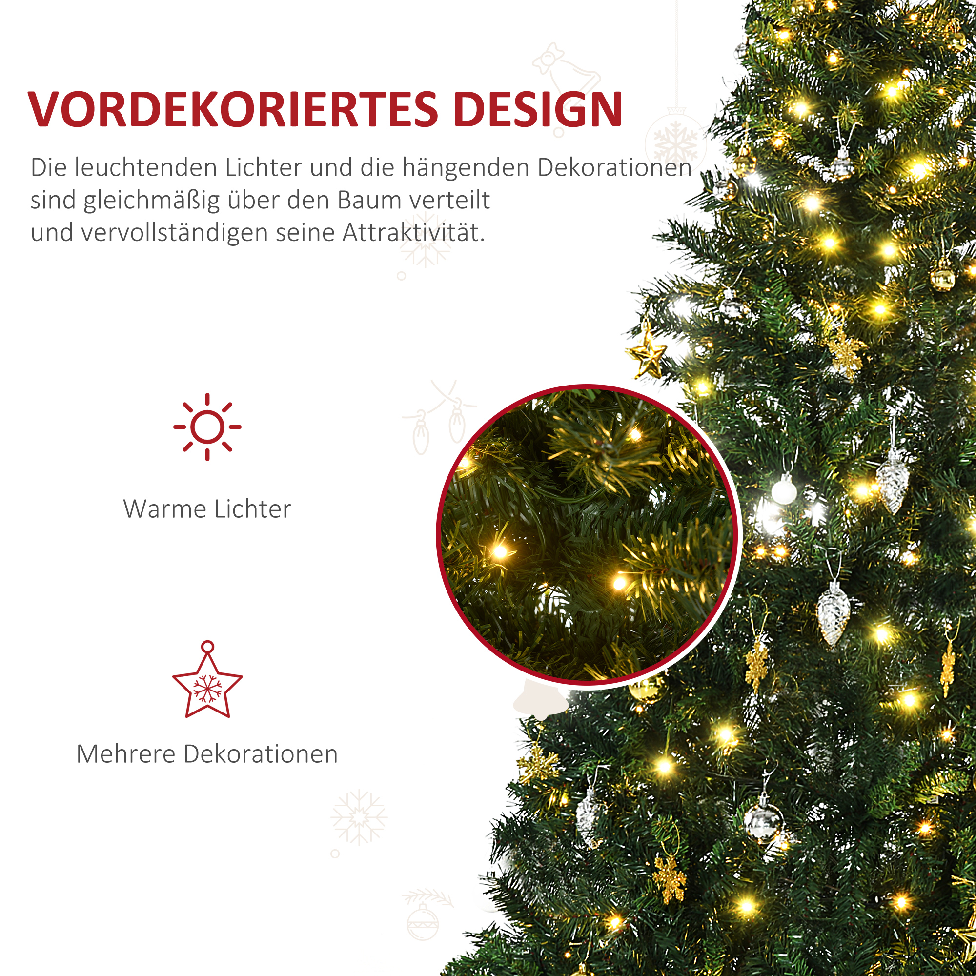 Weihnachtsbaum 180 cm künstlich Tannenbaum mit LED Beleuchtung, Kugeln, Christbaum mit 745 Spitzen, Weihnachtsdeko inkl, Metallständer für Drinnen