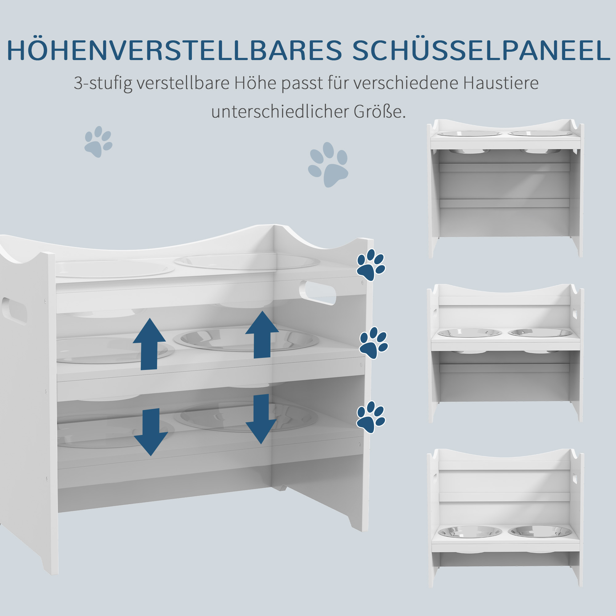 Futterstation für Hunde, 2 Edelstahlnäpfe, höhenverstellbar, 54x31,5x47cm, Weiß