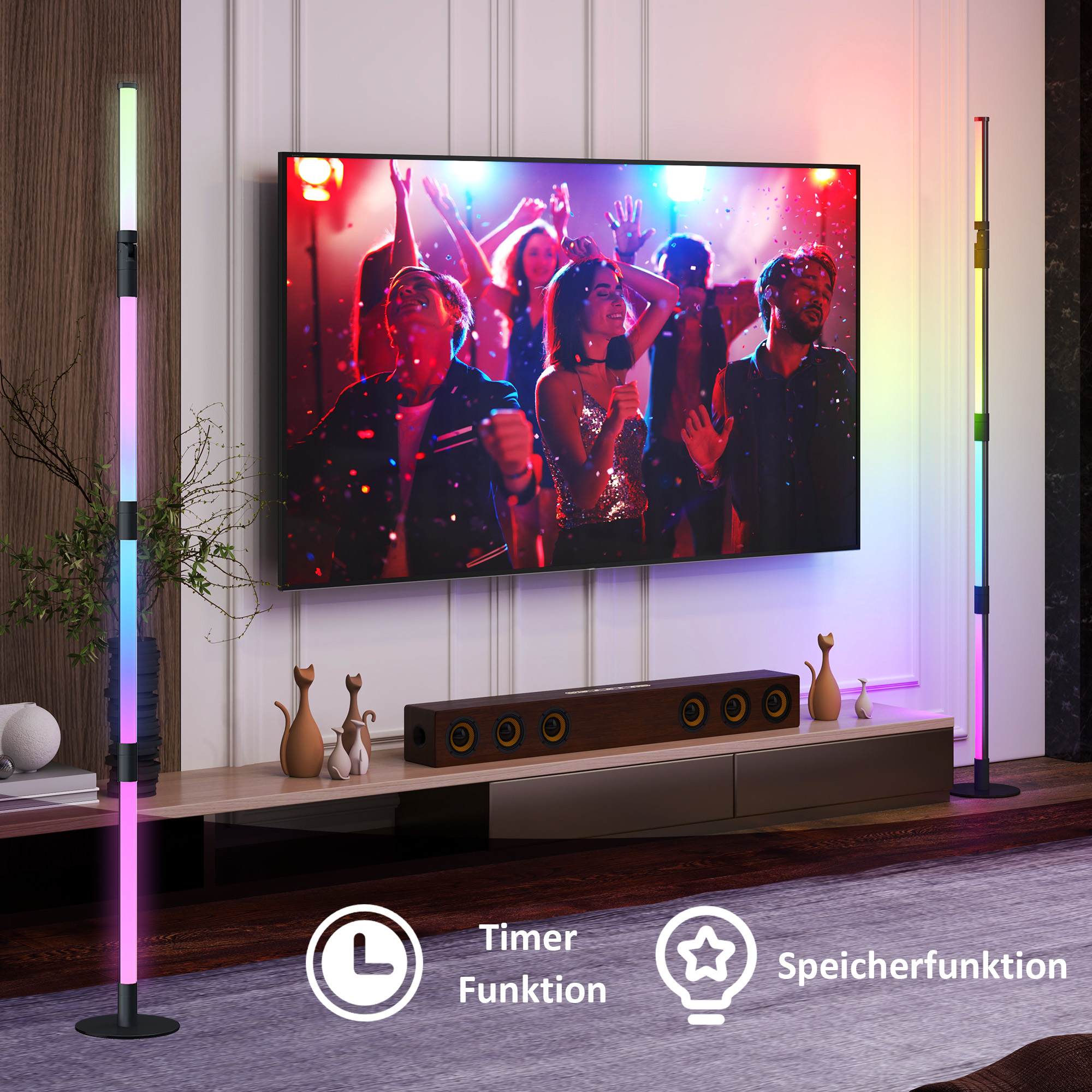 LED-Stehlampe, Standfußlampe mit Fernbedienung und verschiedenen Farben, Timer, App, Musik-Synchronisation, Dunkelgrau