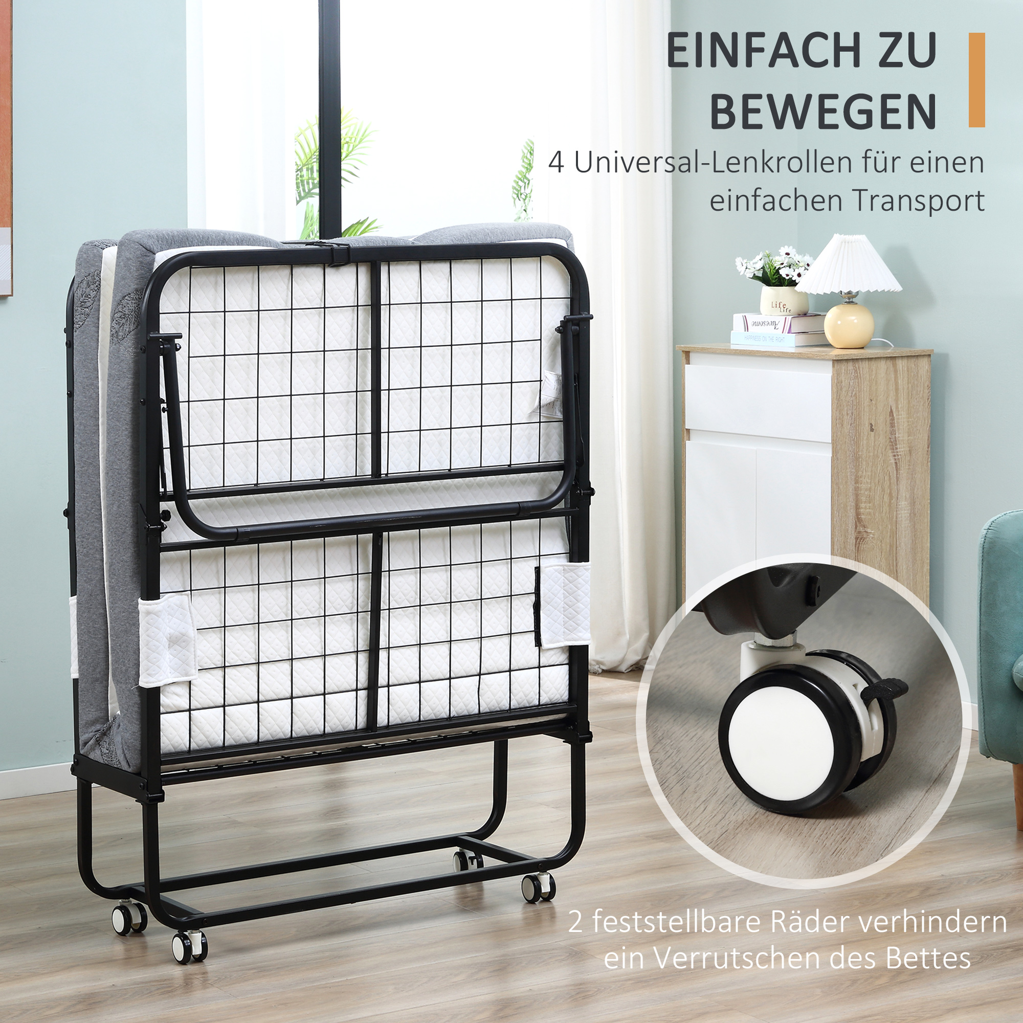 Gästebett, Klappbett, Reisebett mit Rollen, Matratze, Stahl, Weiß+Schwarz