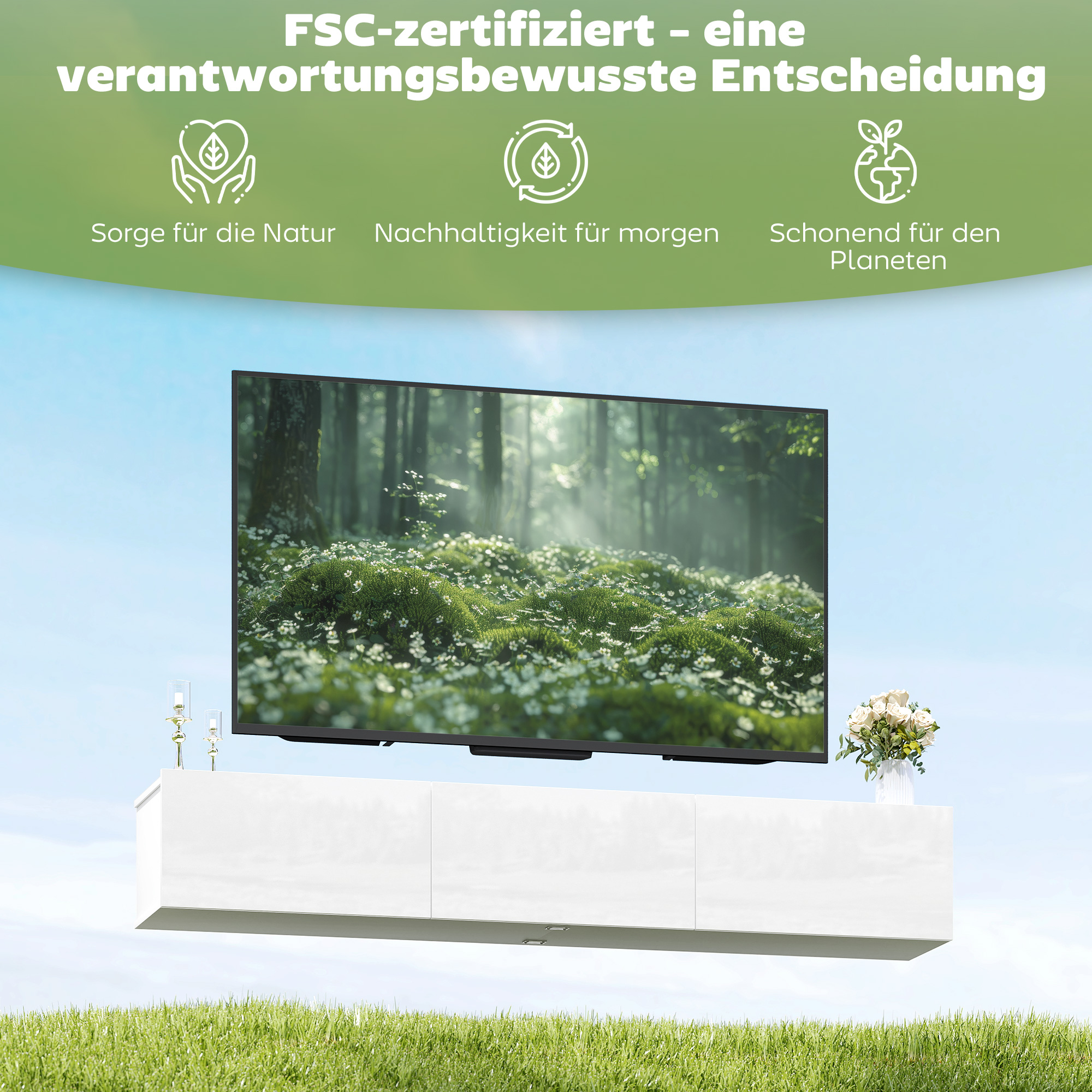 Schwebender TV-Schrank, Wandmontage, 3 Schubladen, viel Stauraum, 180 cm, Spanplatte, Weiß