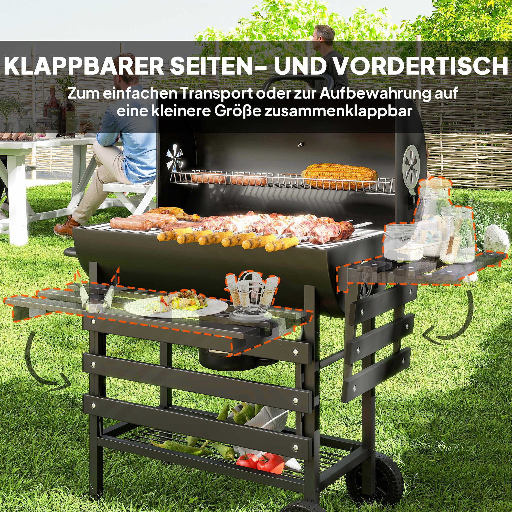 Holzkohlegrill aus Stahl BBQ Smoker mit Deckel Griffe Thermometer Räder fahrbar 114 x 65 x 95 cm