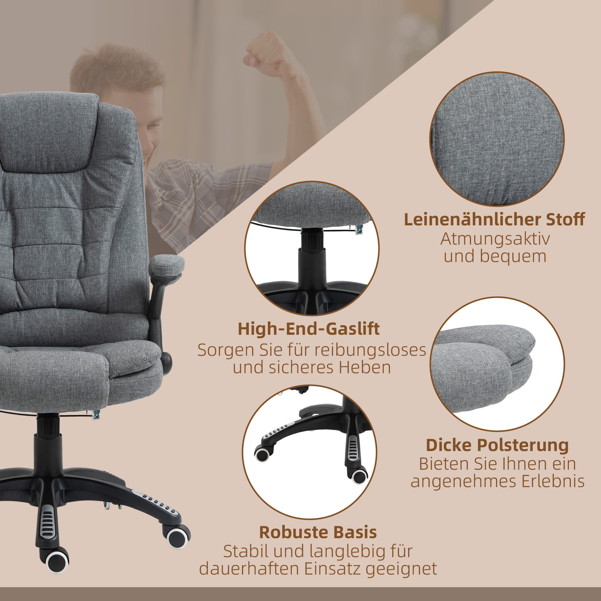 Bürostuhl  Massagesessel mit Wärmefunktion, Ergonomischer Chefsessel, Höhenverstellbarer Drehstuhl, Gamingstuhl mit Massage, Dunkelgrau, 68 x 72 x 110-120 cm