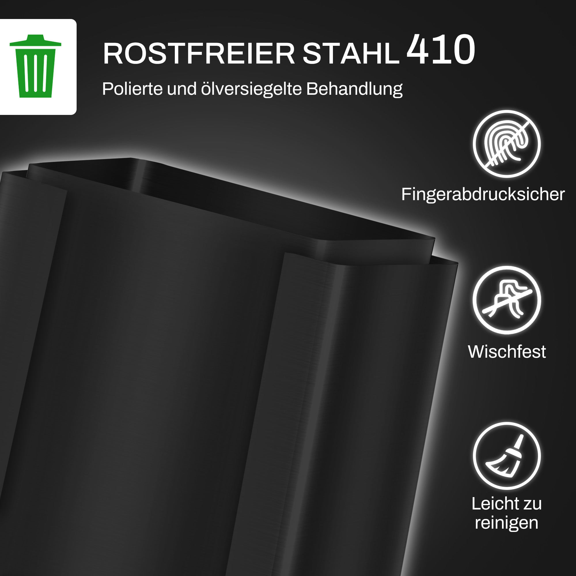 Mülleimer mit 2x25L Fächern, Soft-Close-Deckel, Fingerabdrucksicher, Edelstahl, Schwarz