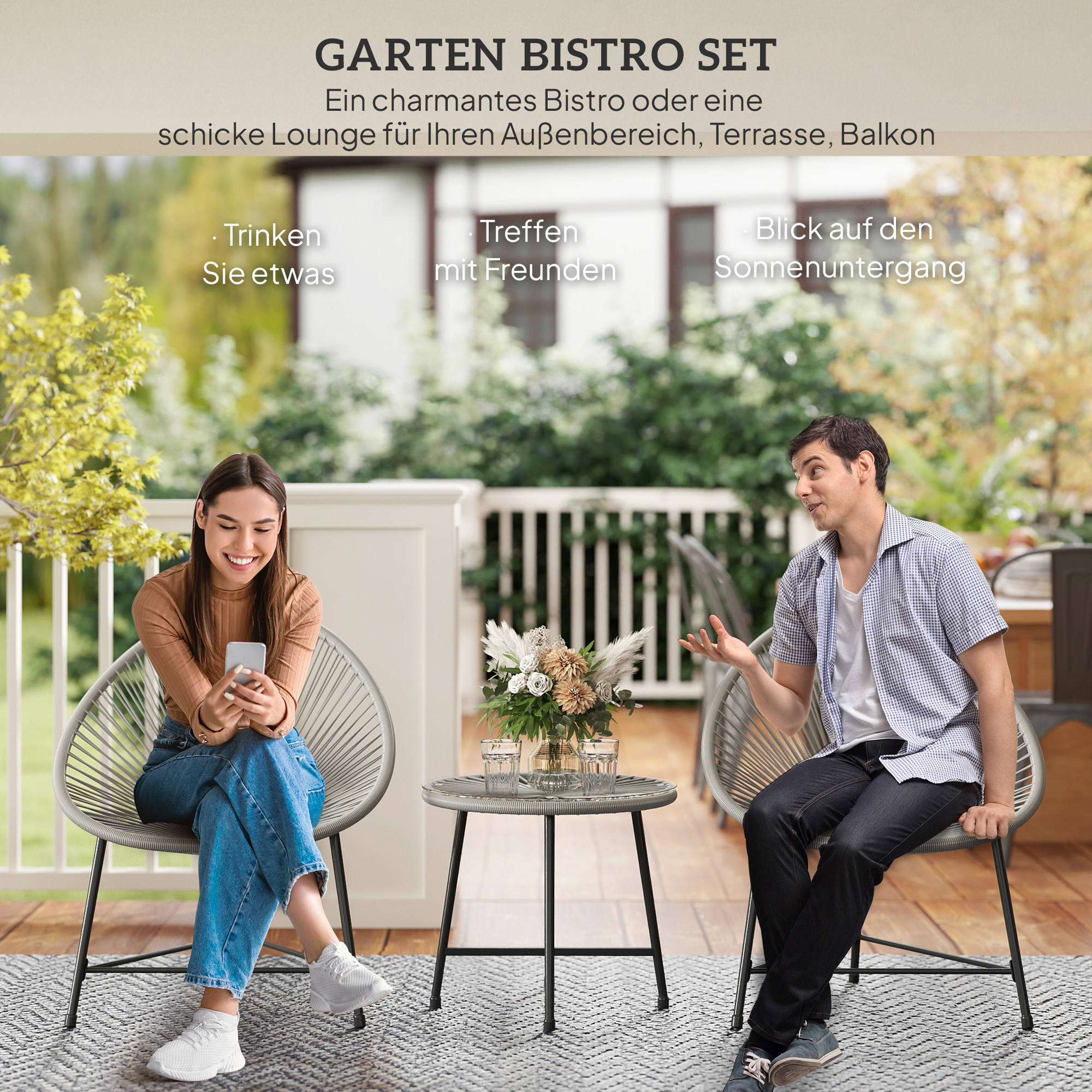 3-teiliges Gartenmöbel-Set, 2 Kunststoffrattan-Stühle, 1 Tisch mit Glasplatte, Stahlrahmen, Outdoor-Sitzmöbel, Grau