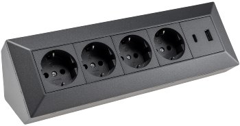 4-fach Steckdosenblock, USB-A+C, anthraz, 250V~/ 16A, Aufbaumontage, USB 3,1A, PD