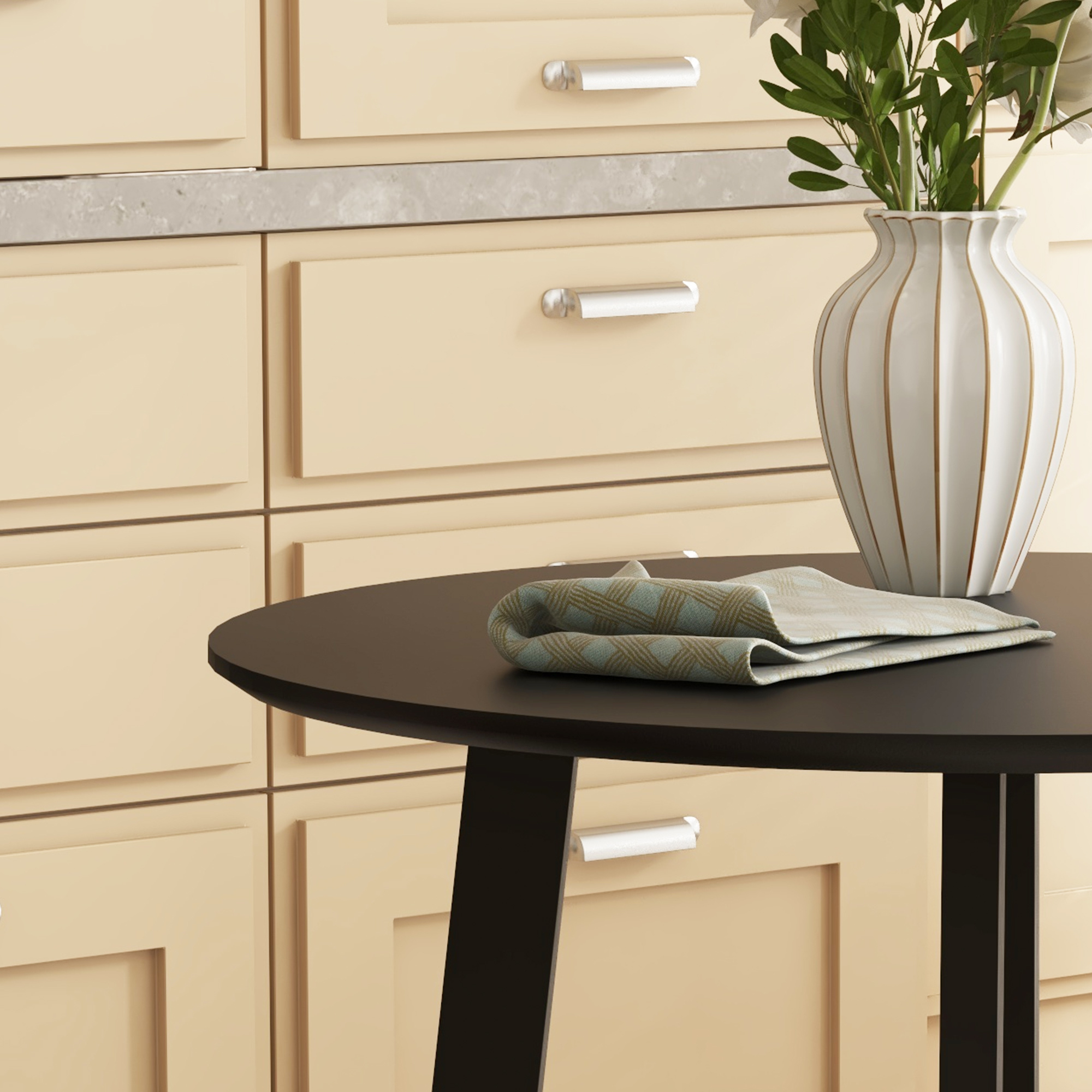 Esstisch für 2 Personen, weiße Tischplatte, Metallbeine mit Fußkappen, Ø72 x 75H cm, Schwarz