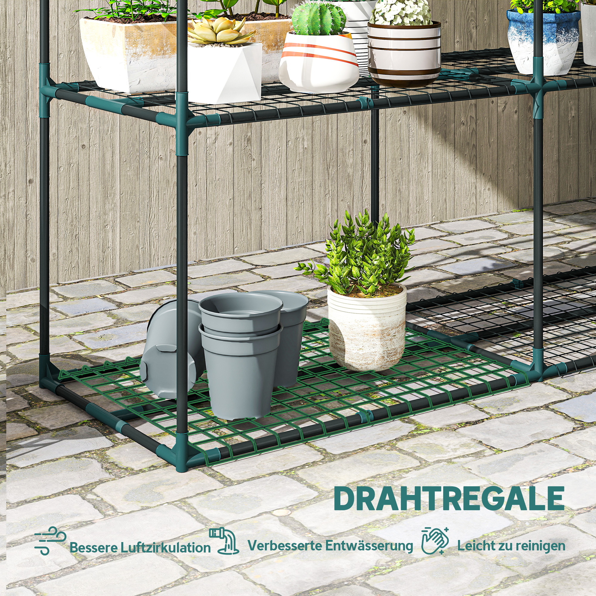 3-Etagen Pflanzenständer, 100 cm hoch Blumenständer mit Regalböden, mehrstöckig Stahl Dunkelgrün