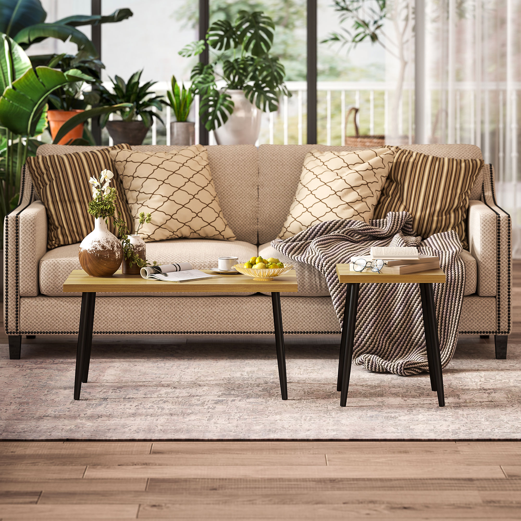 2er-Set Kaffeetische, Großer und kleiner Tisch mit Metallrahmen und Holzplatte, Flexible Couchtische, Naturholz