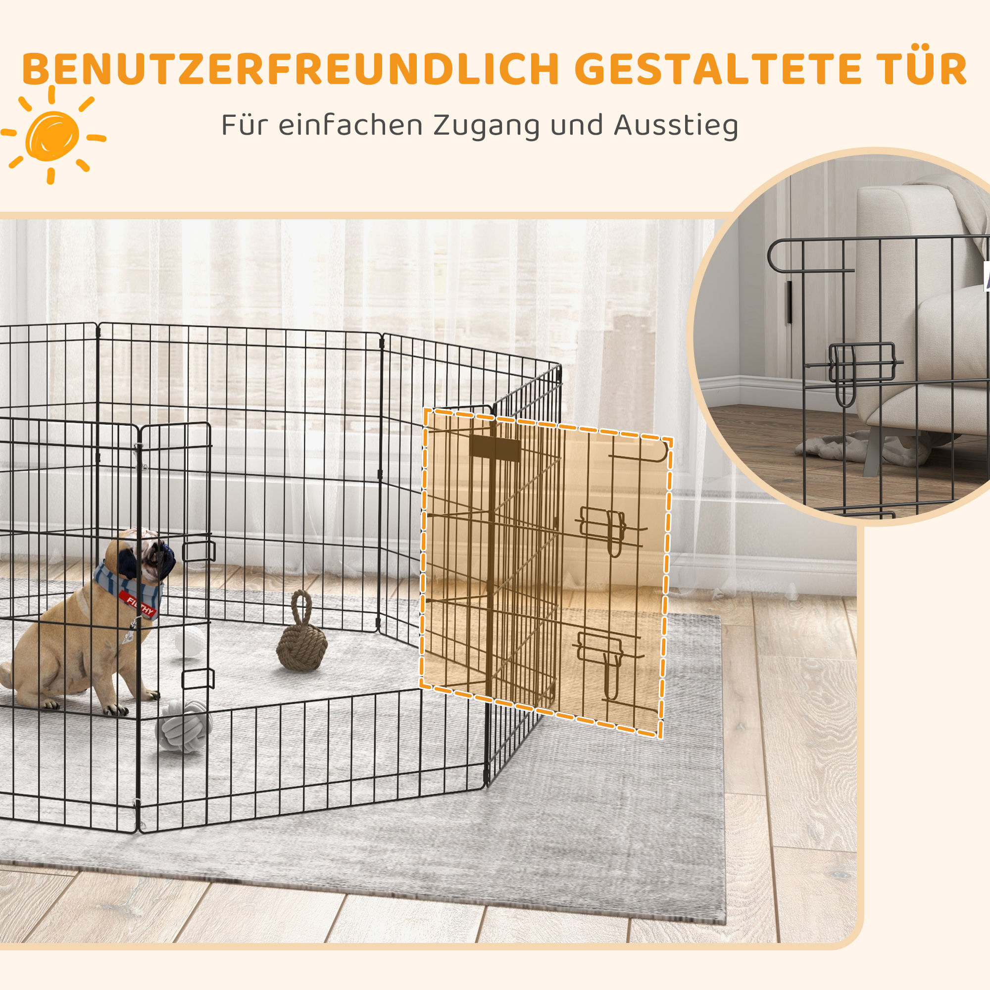 Haustierlaufstall, Spielgehege für Welpen und kleine Hunde, mit Tür, Indoor- und Outdoor-tauglich, 61 cm, Schwarz